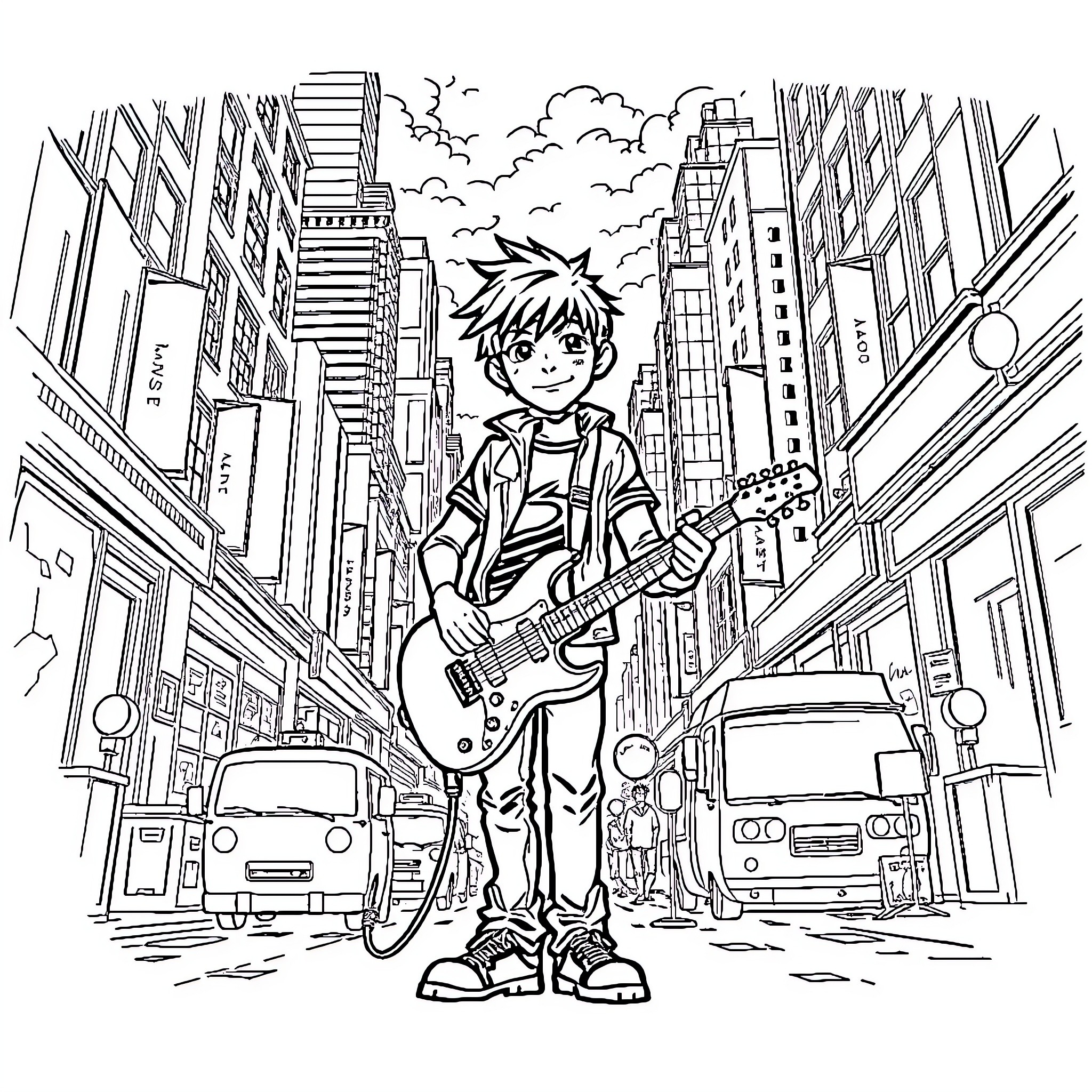 Scott Pilgrim rocking out in the city Coloring Page (free black-and-white line drawing printable PDF for all, from beginners to advanced learners, including children, teens, adults, and seniors)