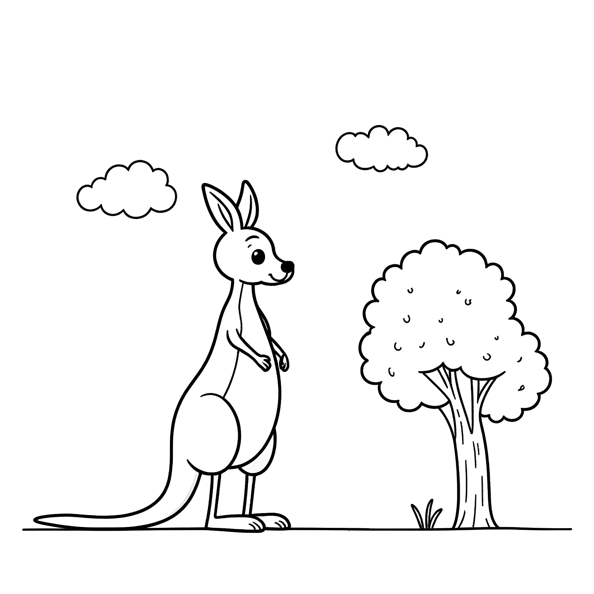 Kangaroo enjoying nature under cloudy skies Coloring Page (free black-and-white line drawing printable PDF for all, from beginners to advanced learners, including children, teens, adults, and seniors)