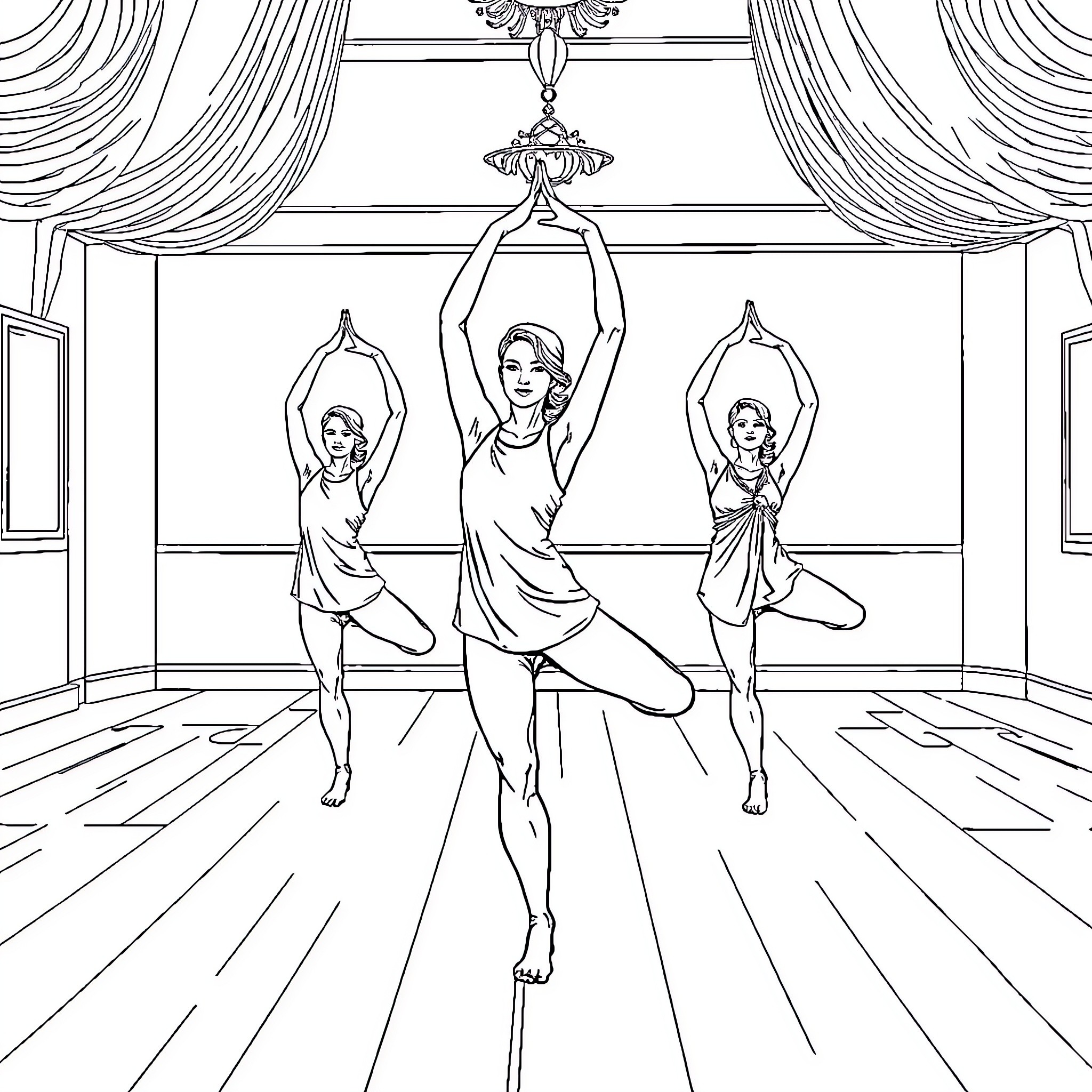 Dancer trio performing graceful ballet on stage Coloring Page (free black-and-white line drawing printable PDF for all, from beginners to advanced learners, including children, teens, adults, and seniors)