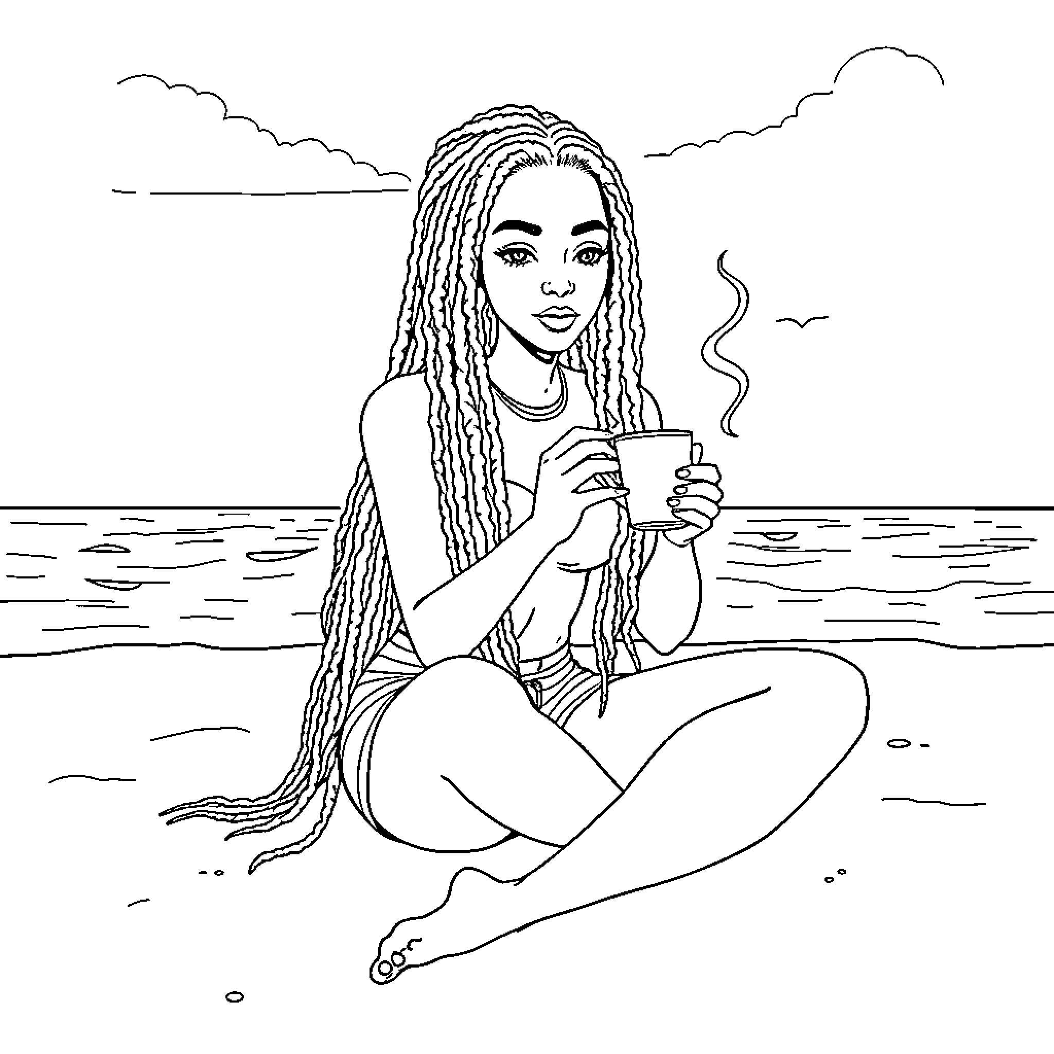Girl enjoying a hot drink by the ocean Coloring Page (free black-and-white line drawing printable PDF for all, from beginners to advanced learners, including children, teens, adults, and seniors)