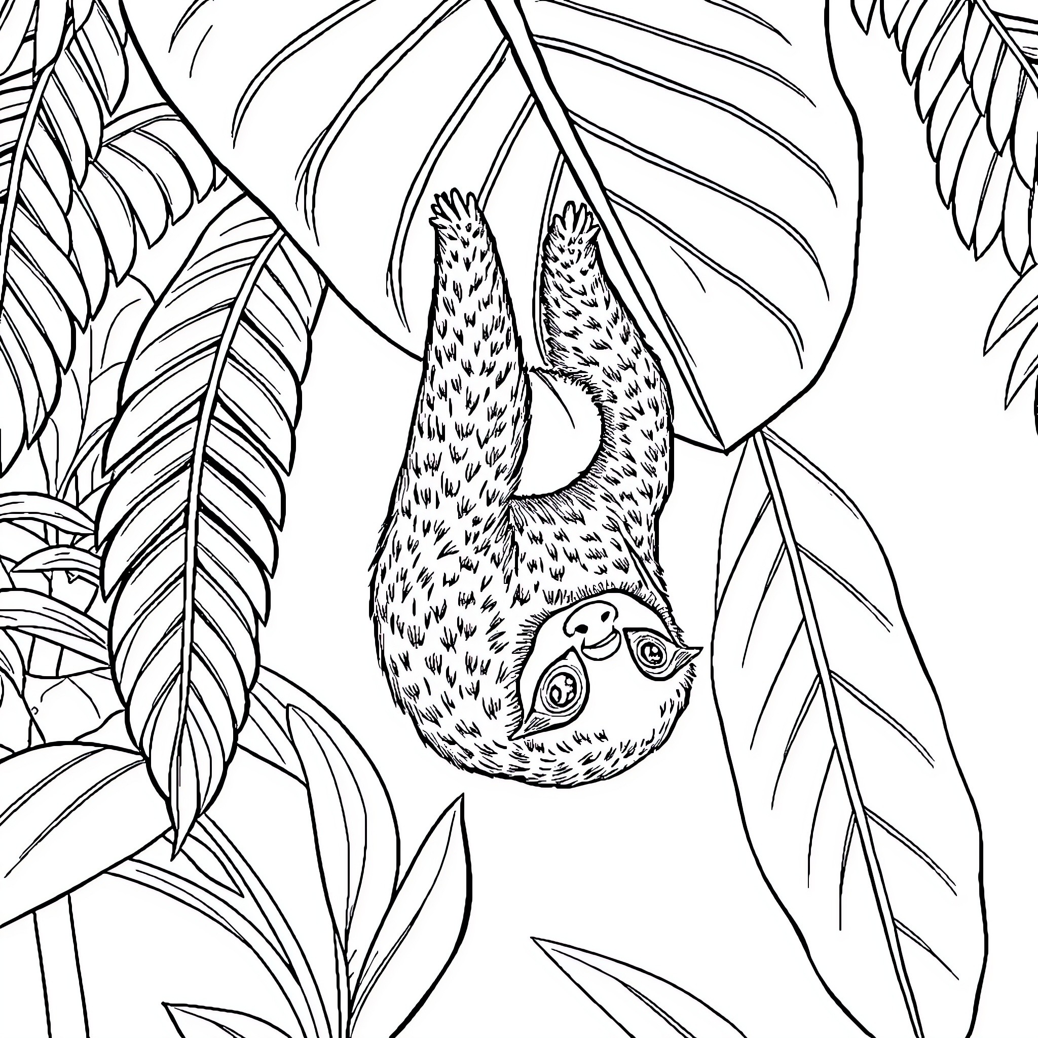 Sloth hanging amidst tropical foliage Coloring Page (free black-and-white line drawing printable PDF for all, from beginners to advanced learners, including children, teens, adults, and seniors)