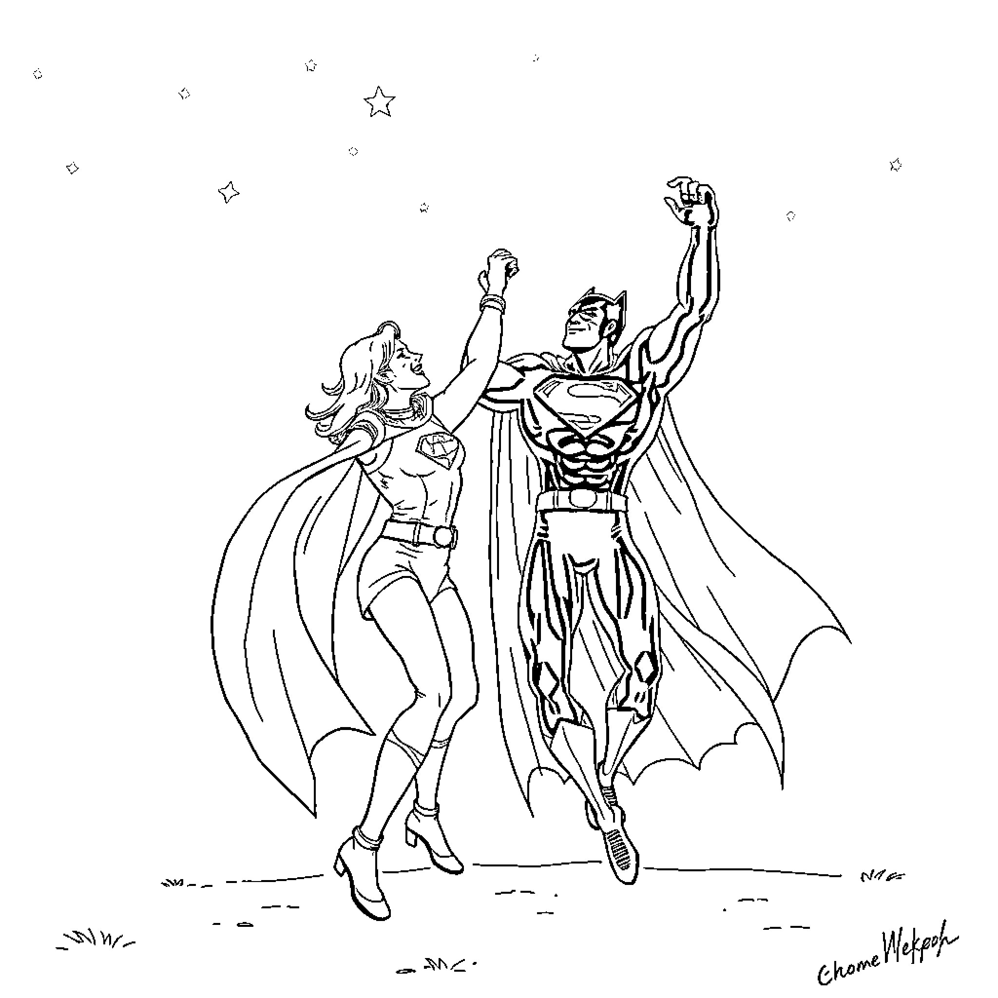 Batman and Wonder Woman in heroic poses Coloring Page (free black-and-white line drawing printable PDF for all, from beginners to advanced learners, including children, teens, adults, and seniors)