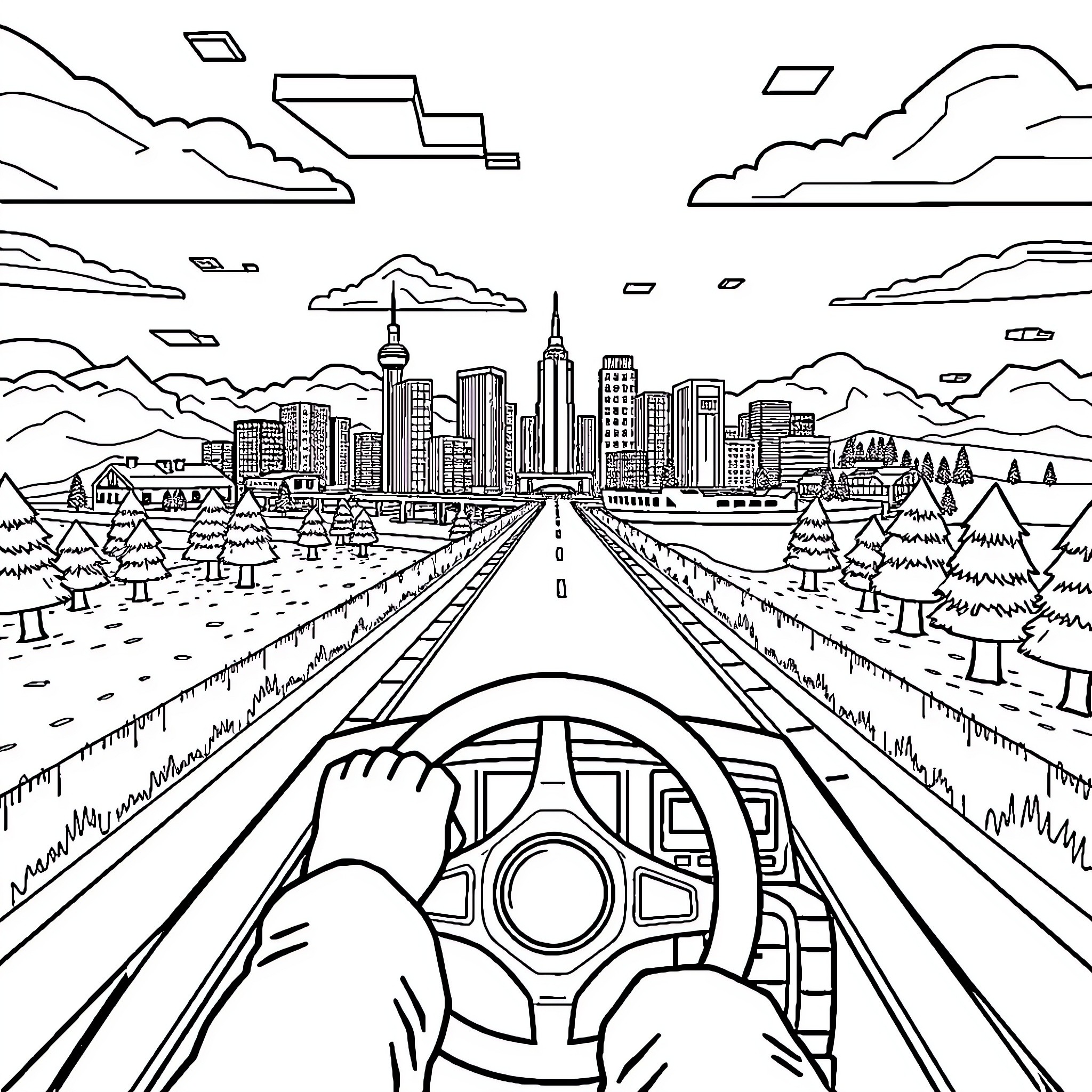 Minecraft Players Driving Through a Futuristic City Landscape Coloring Page (free black-and-white line drawing printable PDF for all, from beginners to advanced learners, including children, teens, adults, and seniors)
