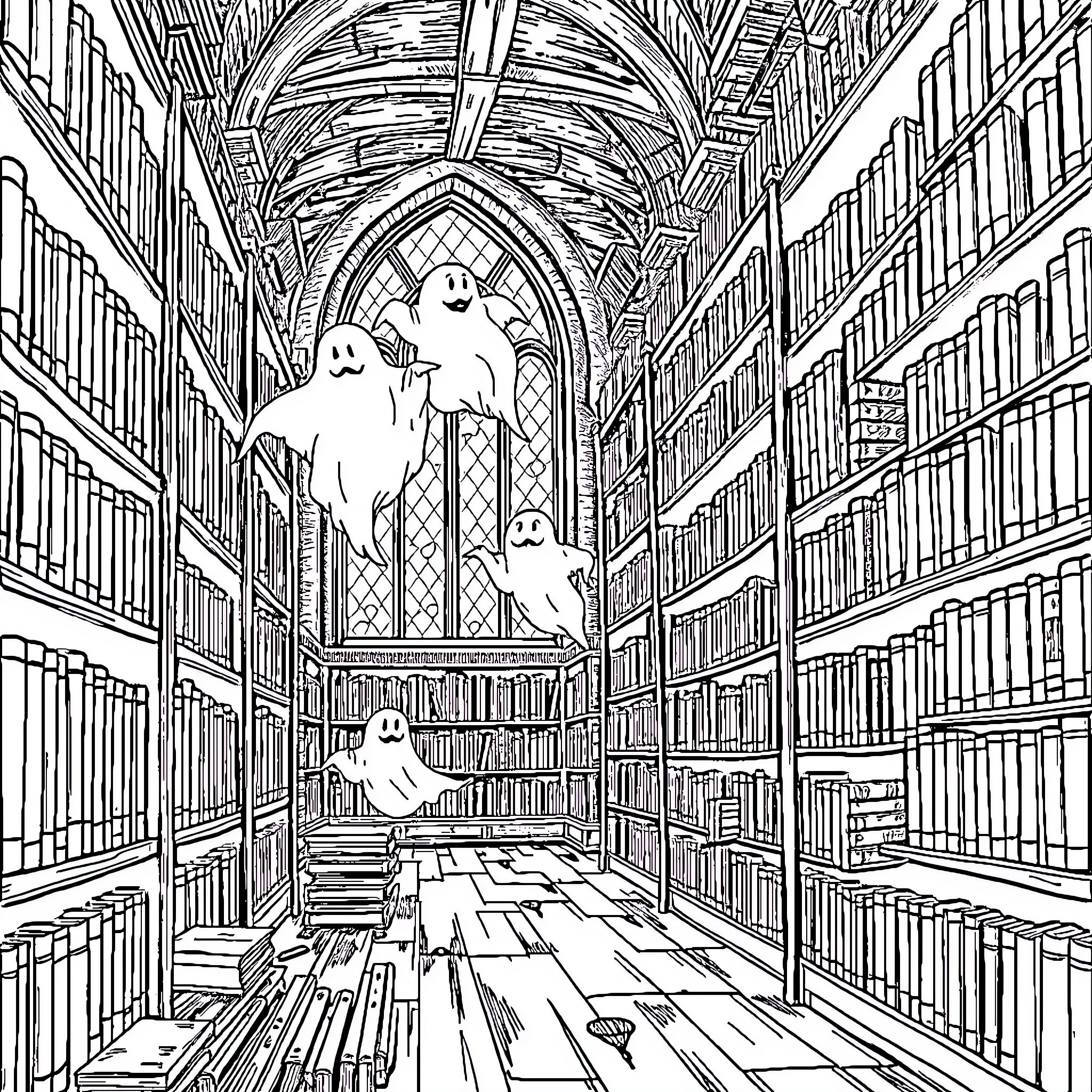 Ghost Spirits Haunting an Ancient Library Coloring Page (free black-and-white line drawing printable PDF for all, from beginners to advanced learners, including children, teens, adults, and seniors)