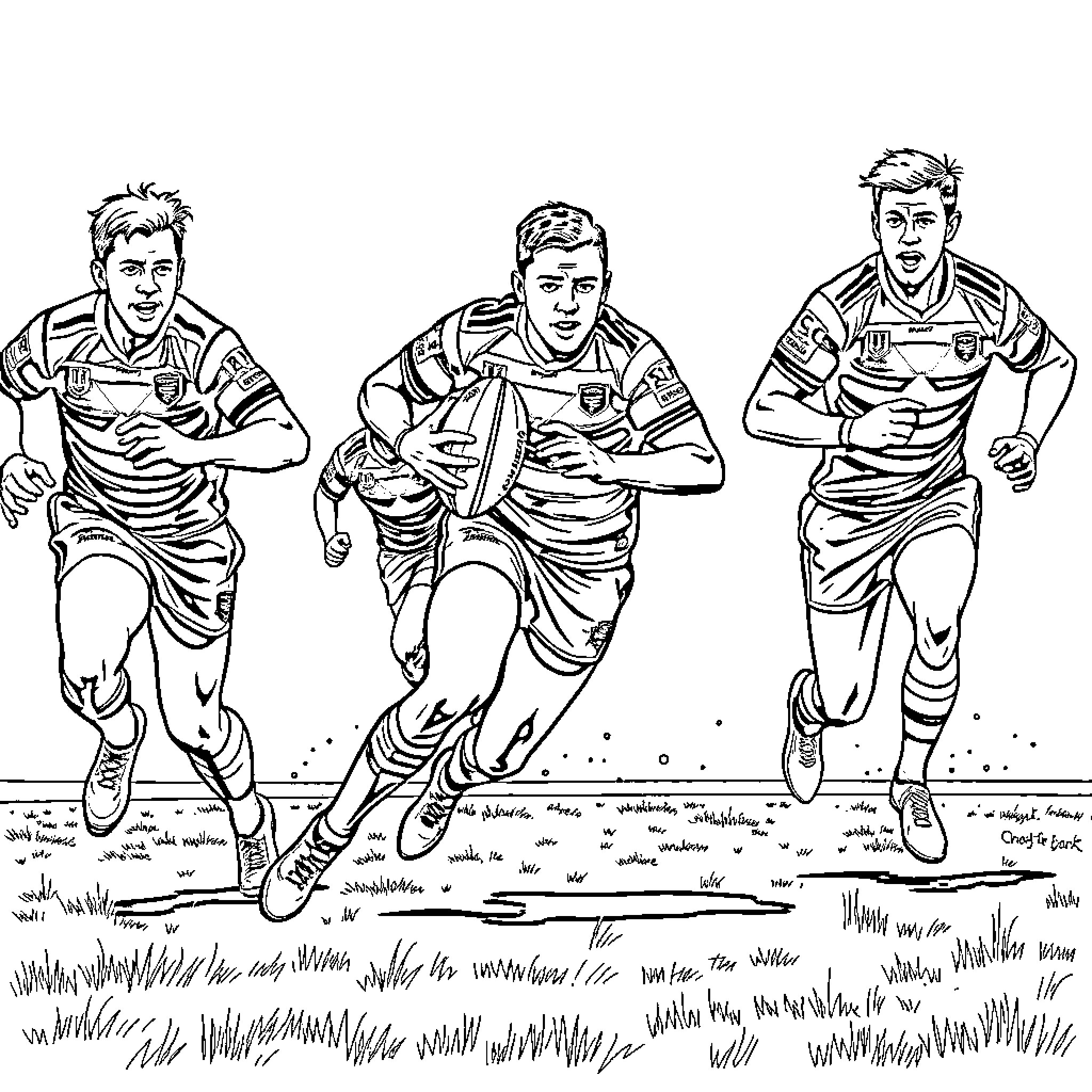 NRL Football Players in Action on the Field Coloring Page (free black-and-white line drawing printable PDF for all, from beginners to advanced learners, including children, teens, adults, and seniors)