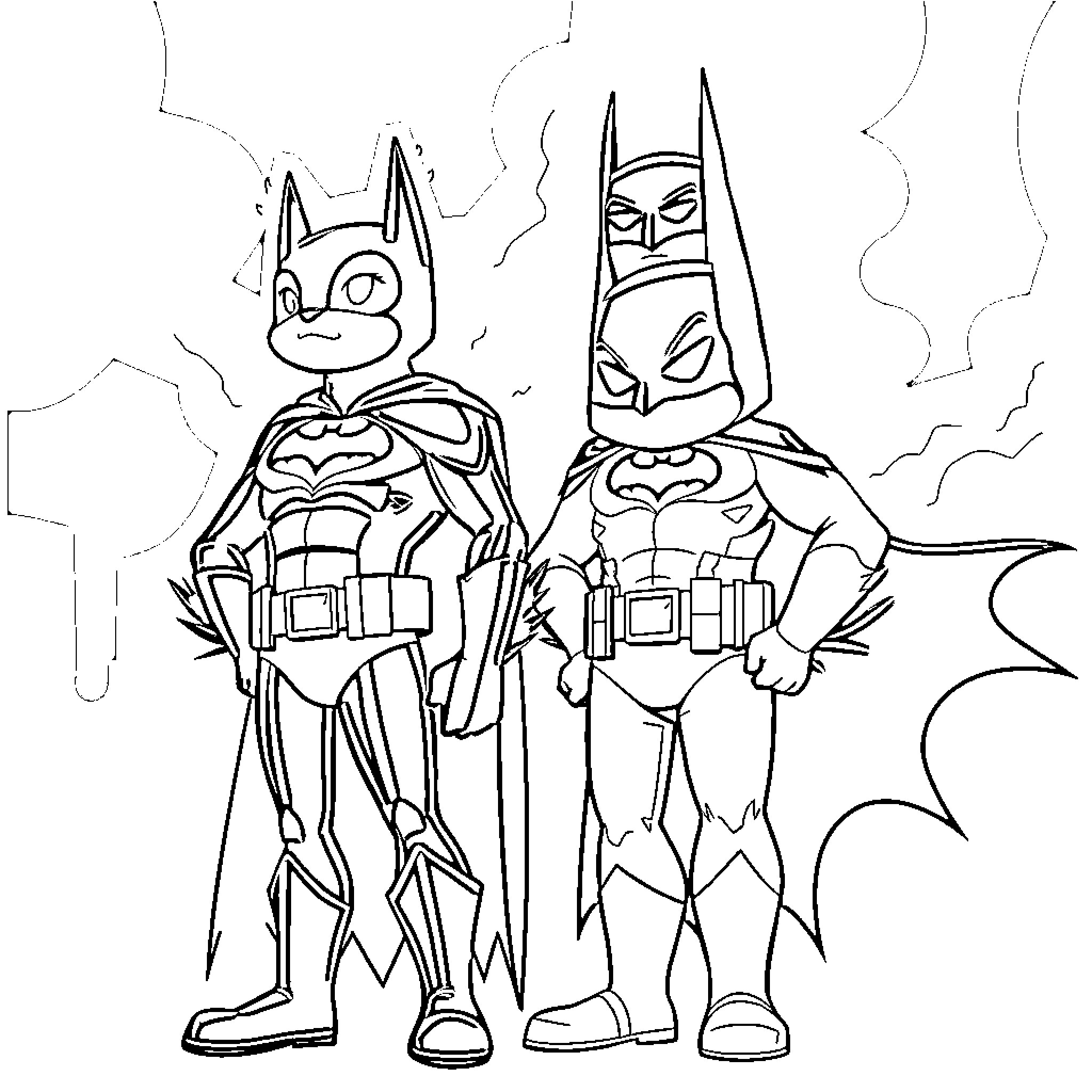 Labubu's Dynamic Duo: Heroic Poses and Caped Crusaders Coloring Page (free black-and-white line drawing printable PDF for all, from beginners to advanced learners, including children, teens, adults, and seniors)