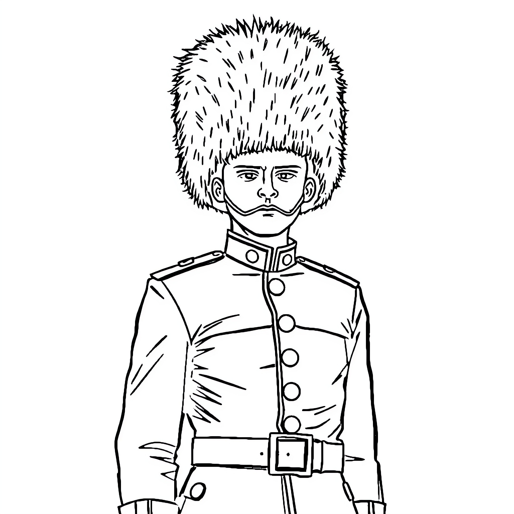 Grenadier Guard in military uniform and distinctive headgear Coloring Page (free black-and-white line drawing printable PDF for all, from beginners to advanced learners, including children, teens, adults, and seniors)