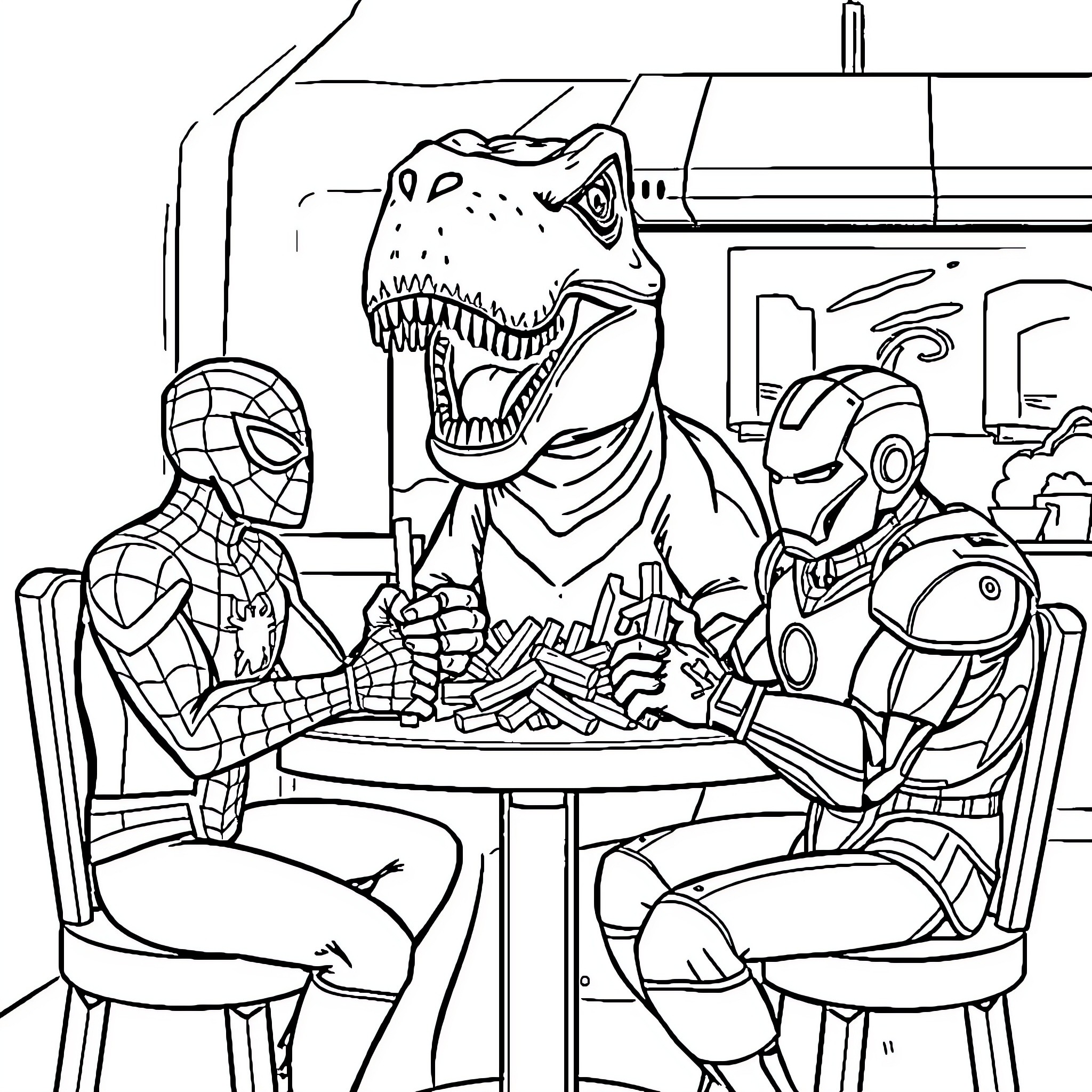 Spiderman and Robots Playing Board Games Coloring Page (free black-and-white line drawing printable PDF for all, from beginners to advanced learners, including children, teens, adults, and seniors)