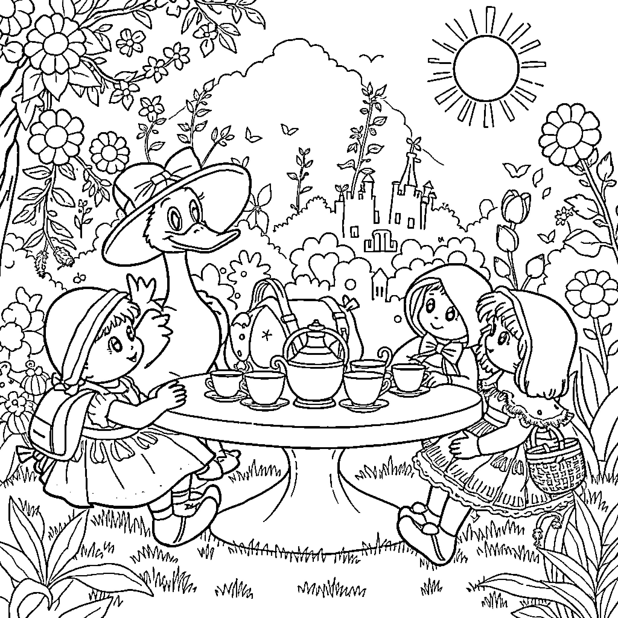 Jemima Puddle Duck and Friends Enjoying a Picnic in the Garden Coloring Page (free black-and-white line drawing printable PDF for all, from beginners to advanced learners, including children, teens, adults, and seniors)
