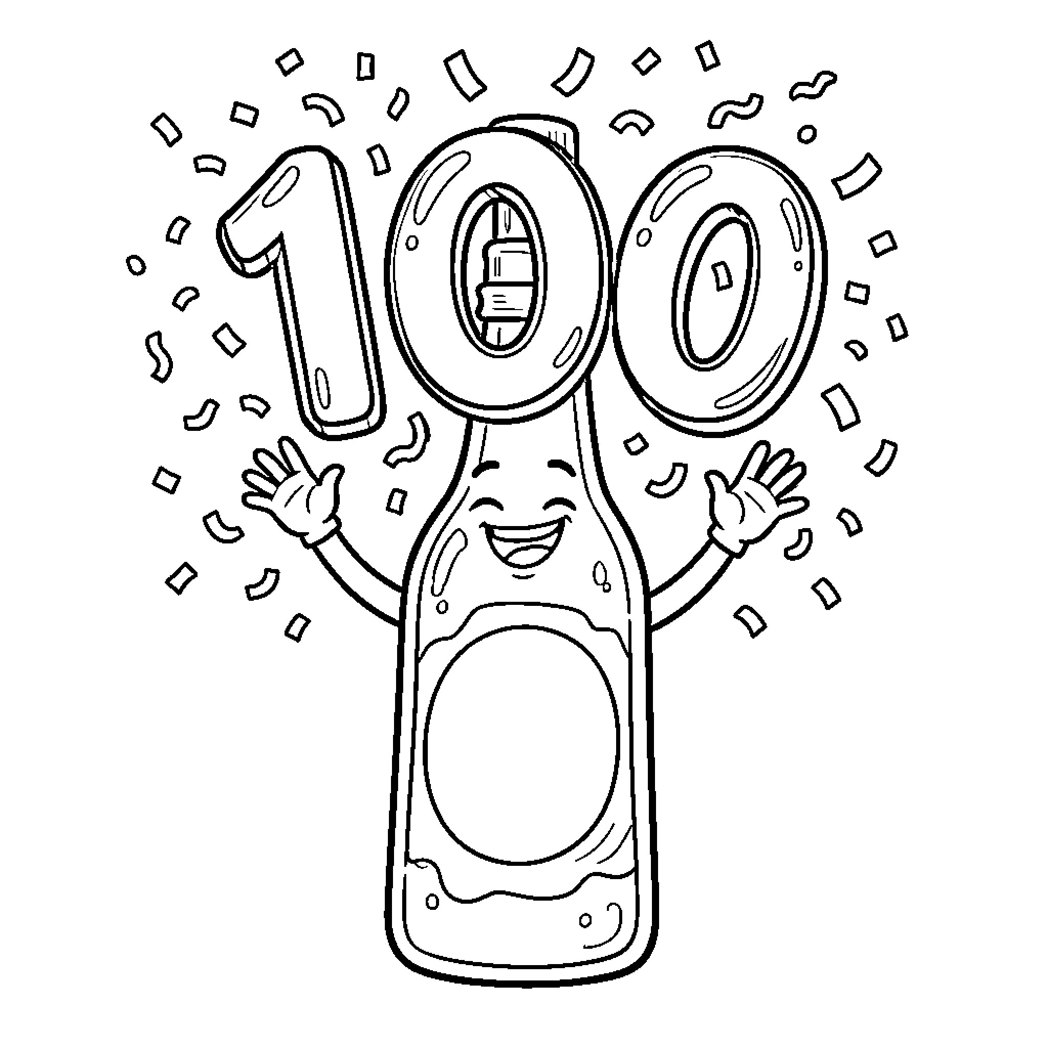 Bottle celebrating 100 with excitement Coloring Page (free black-and-white line drawing printable PDF for all, from beginners to advanced learners, including children, teens, adults, and seniors)
