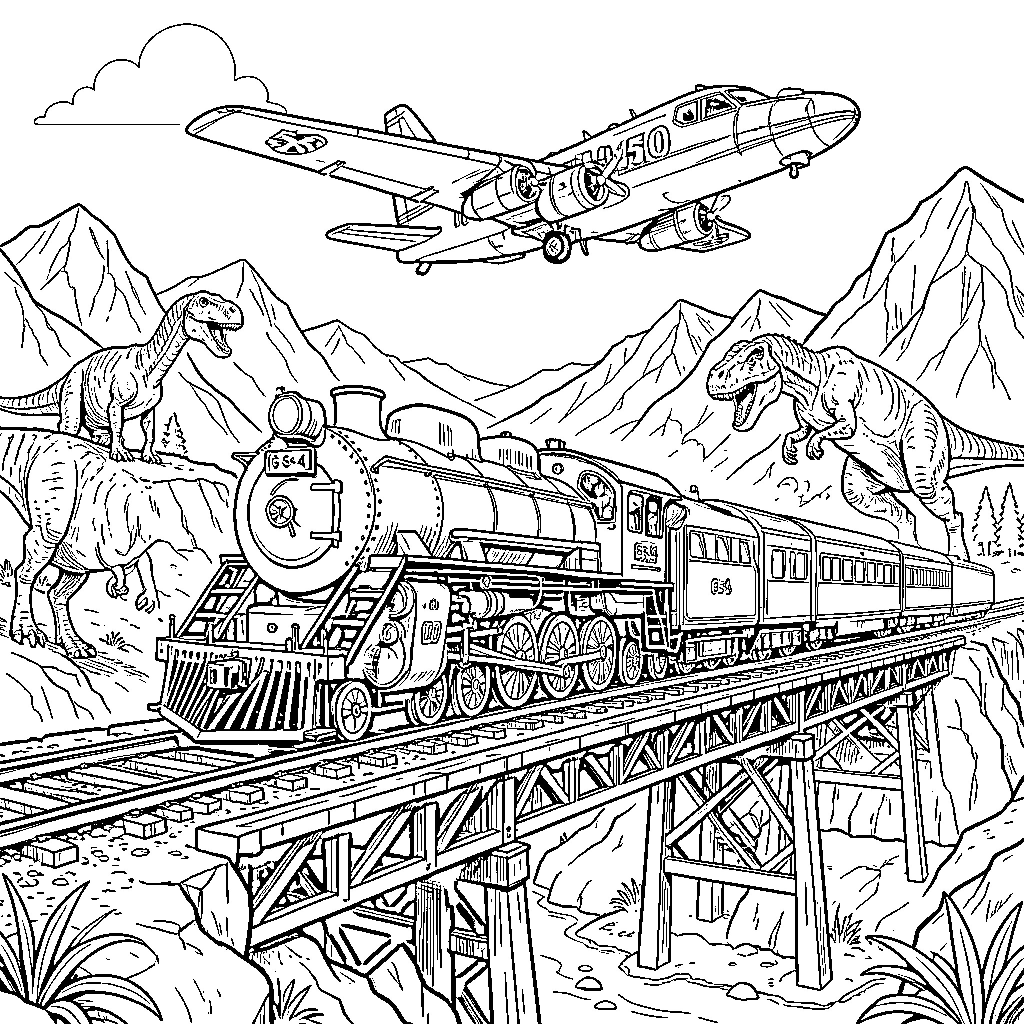 Train crossing a bridge with dinosaurs and an airplane Coloring Page (free black-and-white line drawing printable PDF for all, from beginners to advanced learners, including children, teens, adults, and seniors)