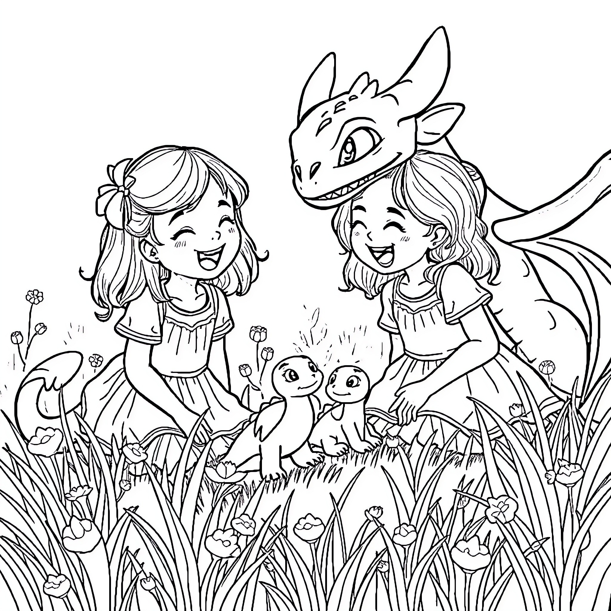 Girl and her magical dragon friends explore the enchanted meadow Coloring Page (free black-and-white line drawing printable PDF for all, from beginners to advanced learners, including children, teens, adults, and seniors)
