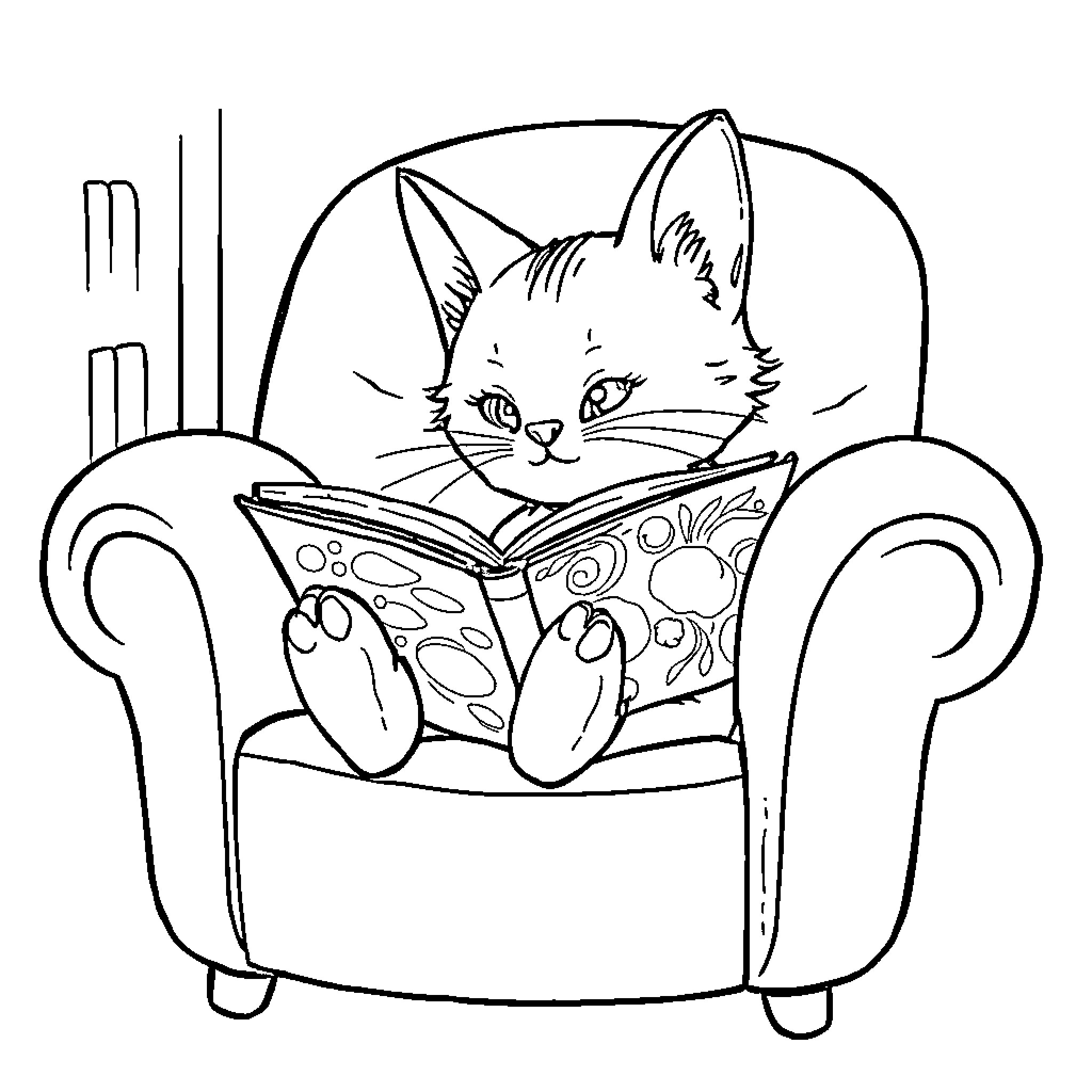 Rumy the curious cat reading a book Coloring Page (free black-and-white line drawing printable PDF for all, from beginners to advanced learners, including children, teens, adults, and seniors)