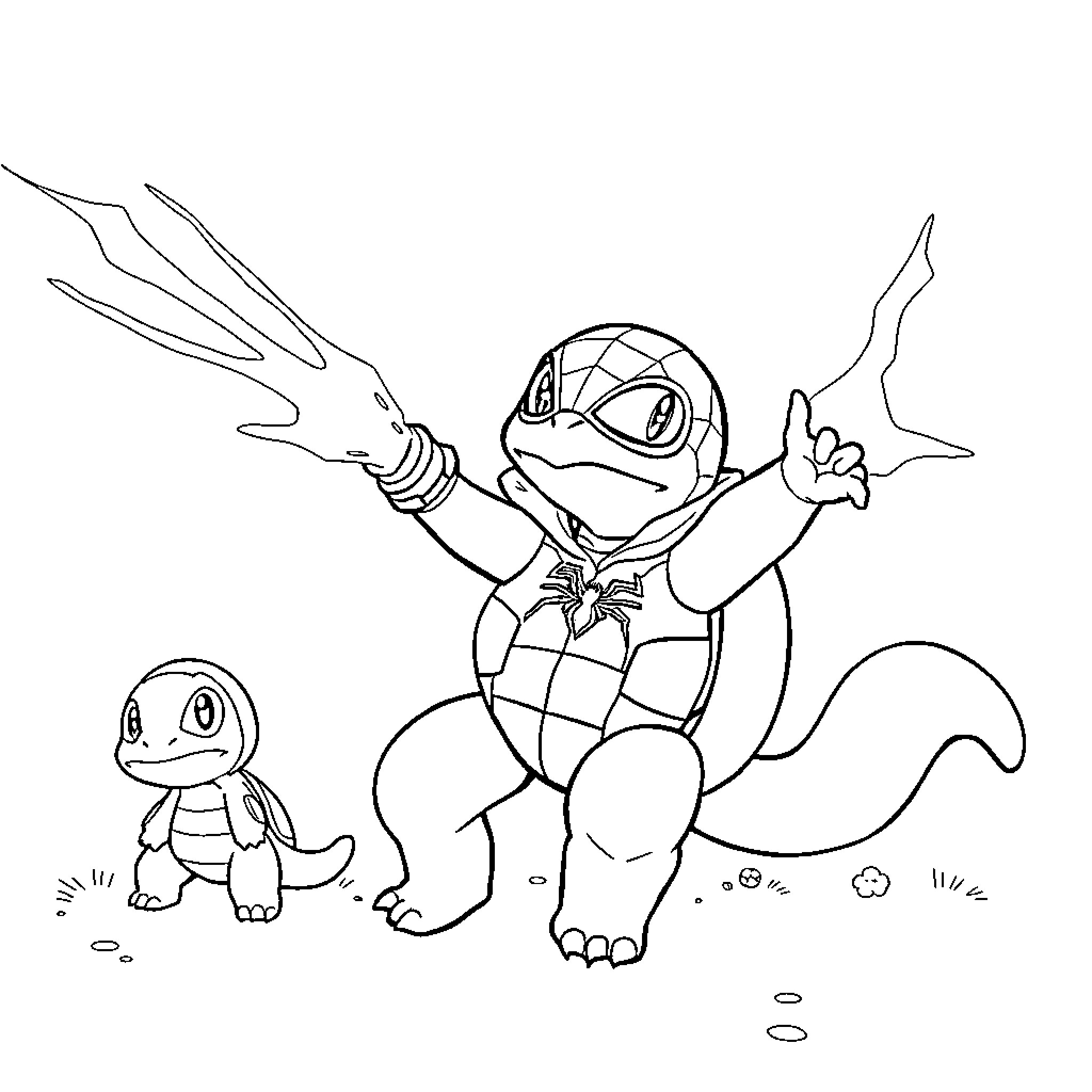 Squirtle characters in a playful scene Coloring Page (free black-and-white line drawing printable PDF for all, from beginners to advanced learners, including children, teens, adults, and seniors)