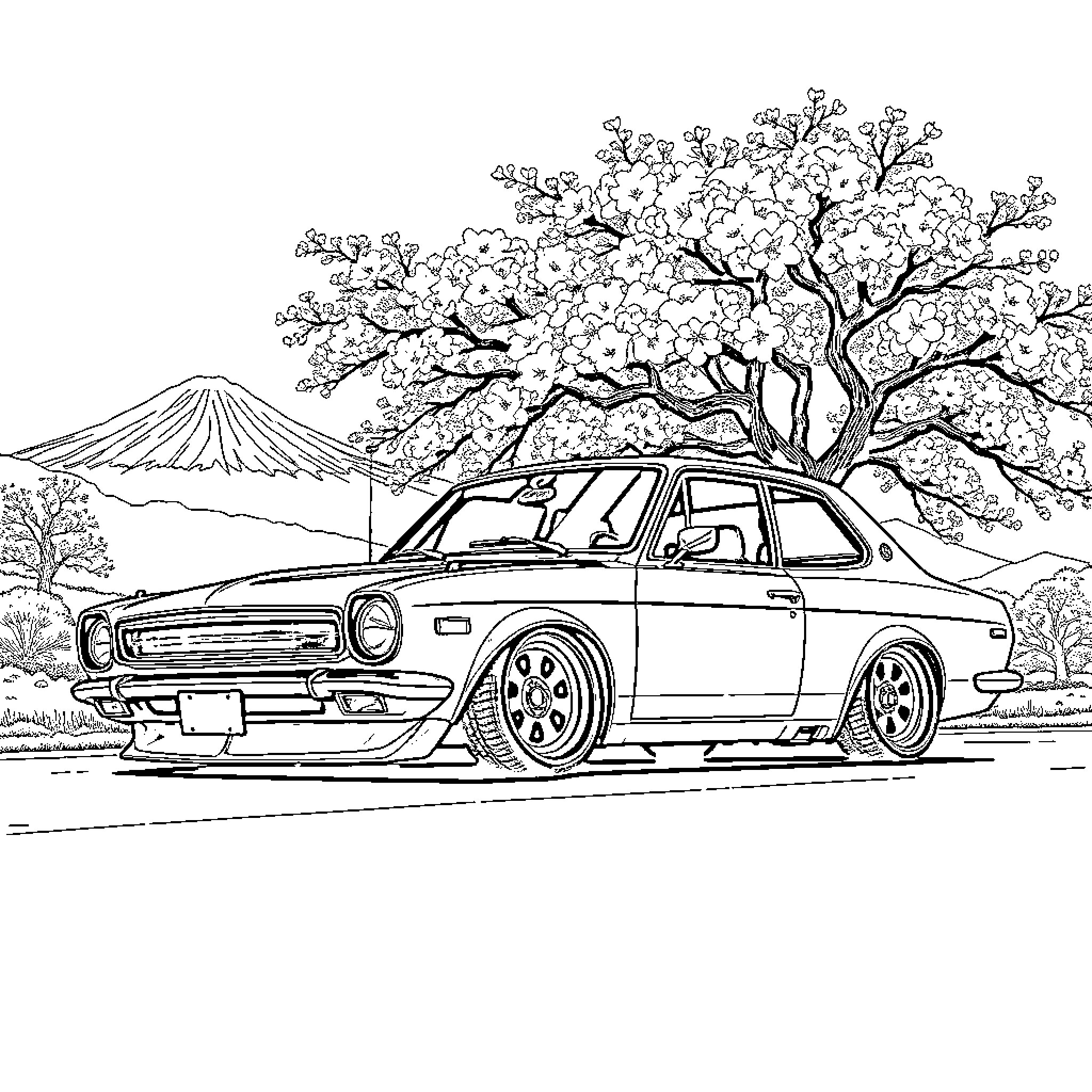 Datsun sports car in scenic Japanese landscape Coloring Page (free black-and-white line drawing printable PDF for all, from beginners to advanced learners, including children, teens, adults, and seniors)