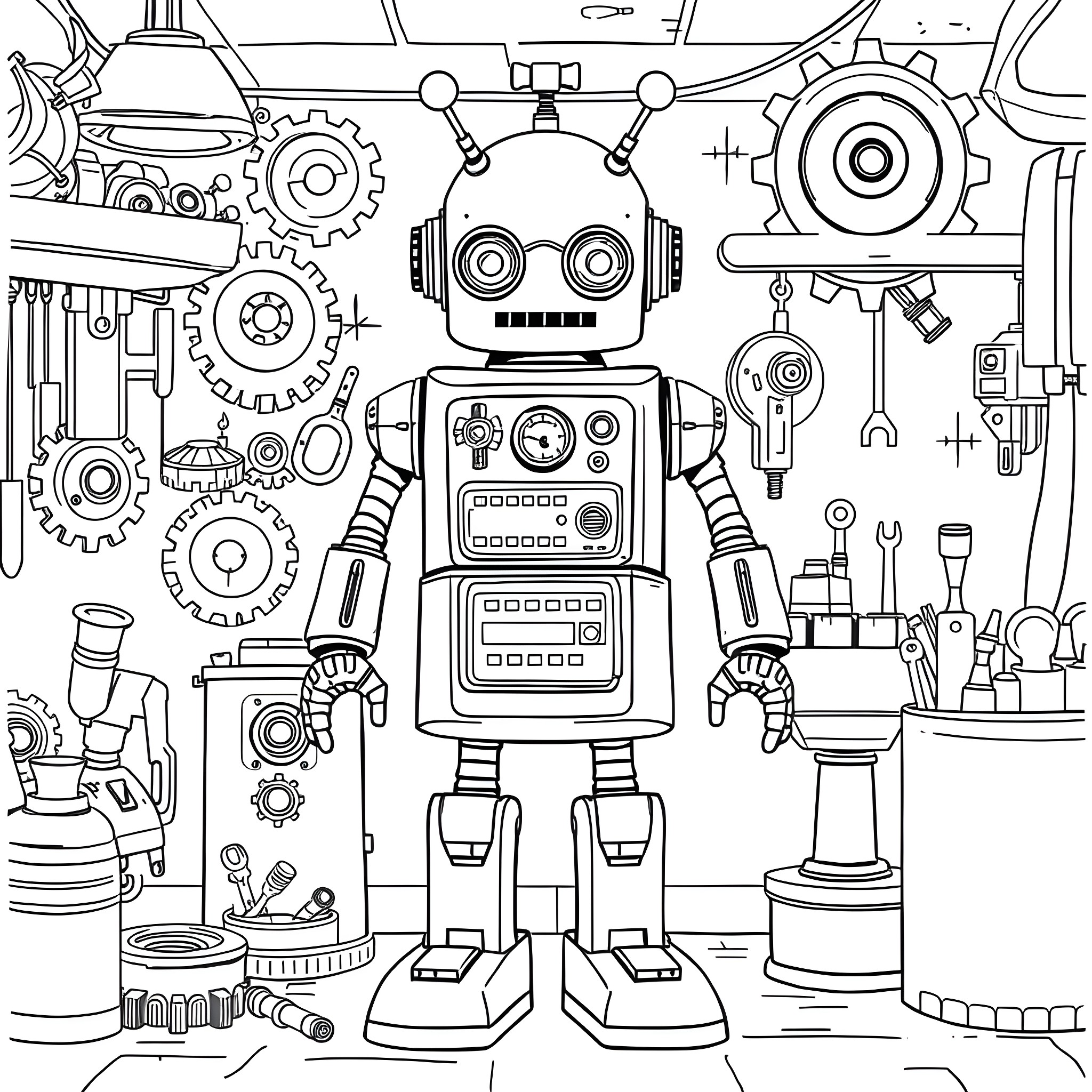 Robot surrounded by mechanical parts and tools Coloring Page (free black-and-white line drawing printable PDF for all, from beginners to advanced learners, including children, teens, adults, and seniors)
