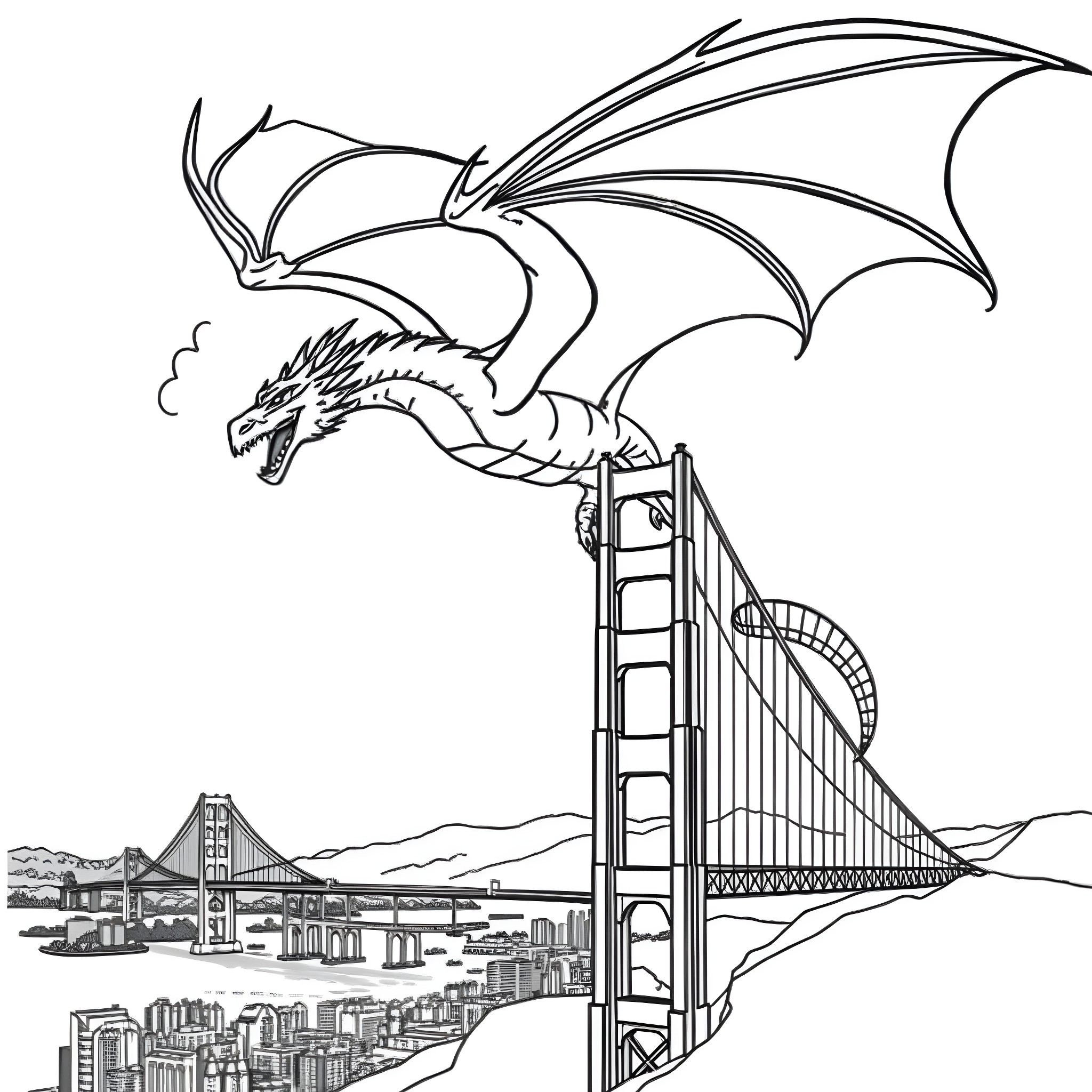 Dragon soaring over a modern city Coloring Page (free black-and-white line drawing printable PDF for all, from beginners to advanced learners, including children, teens, adults, and seniors)