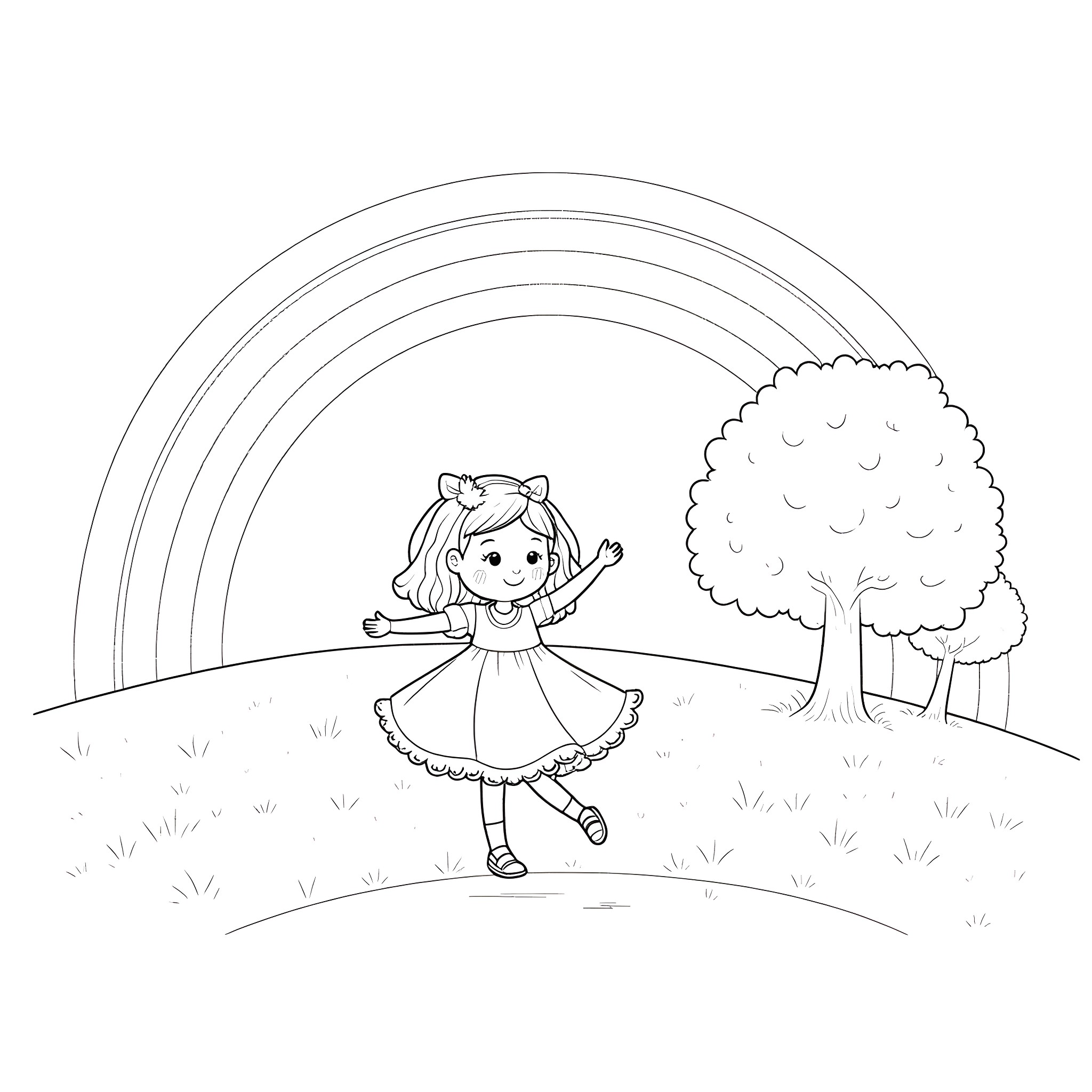 Girl dancing joyfully in a meadow with a rainbow Coloring Page (free black-and-white line drawing printable PDF for all, from beginners to advanced learners, including children, teens, adults, and seniors)