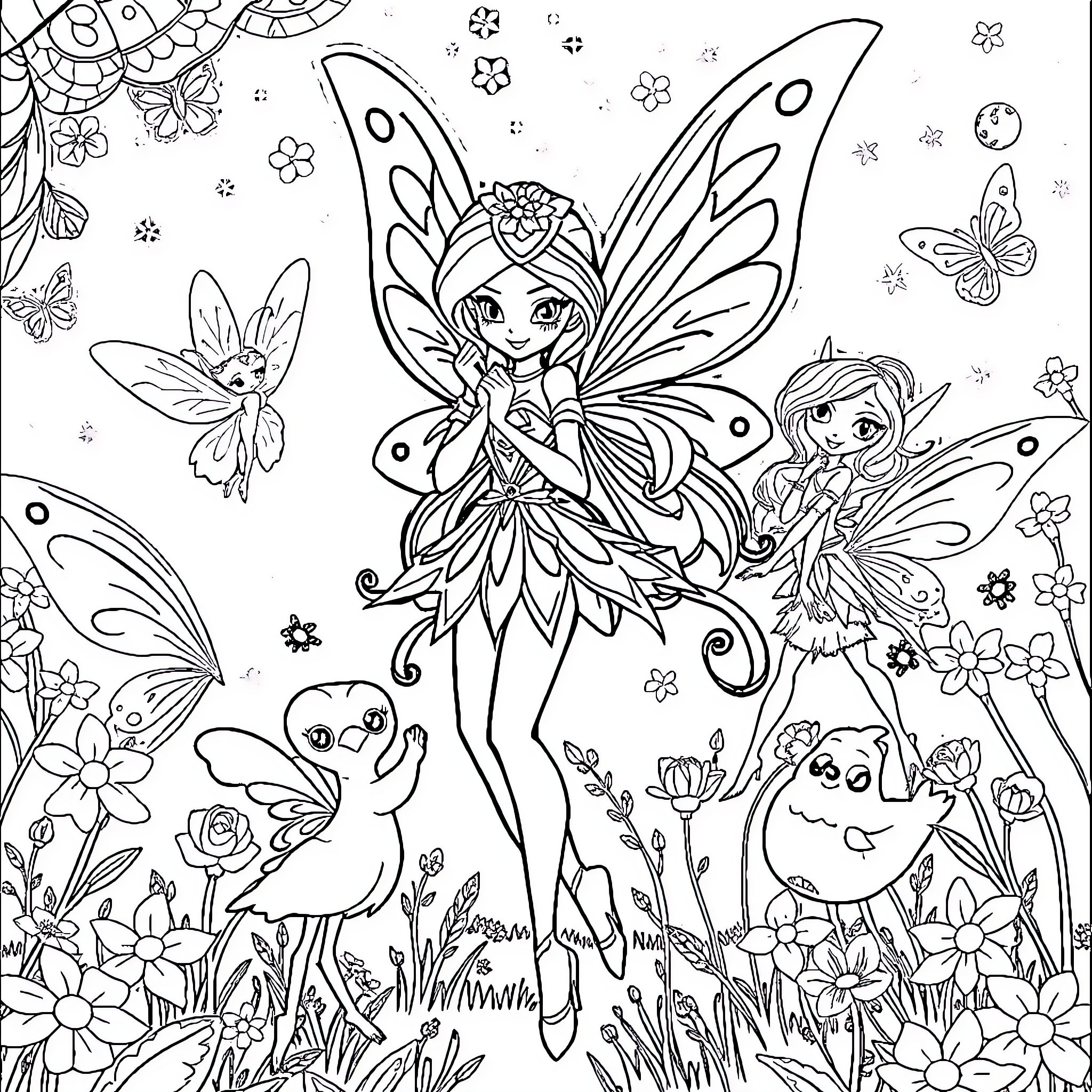 Bloom of Fairy Friends in the Enchanted Garden Coloring Page (free black-and-white line drawing printable PDF for all, from beginners to advanced learners, including children, teens, adults, and seniors)