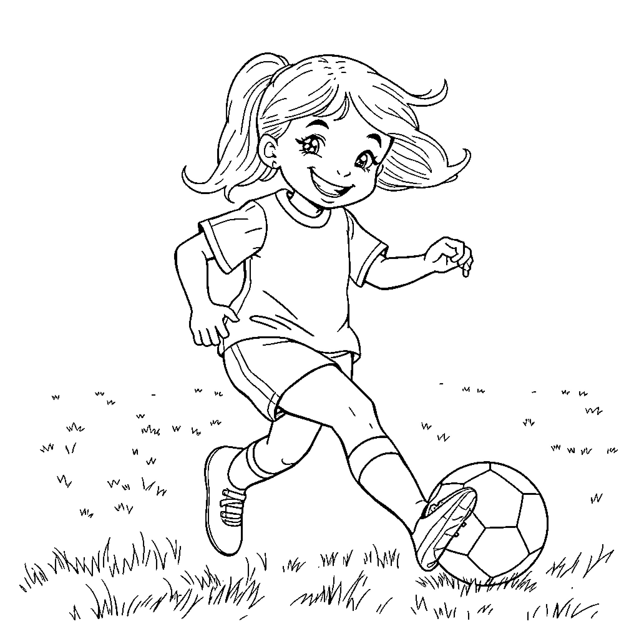Fille kicking soccer ball happily on grass Coloring Page (free black-and-white line drawing printable PDF for all, from beginners to advanced learners, including children, teens, adults, and seniors)