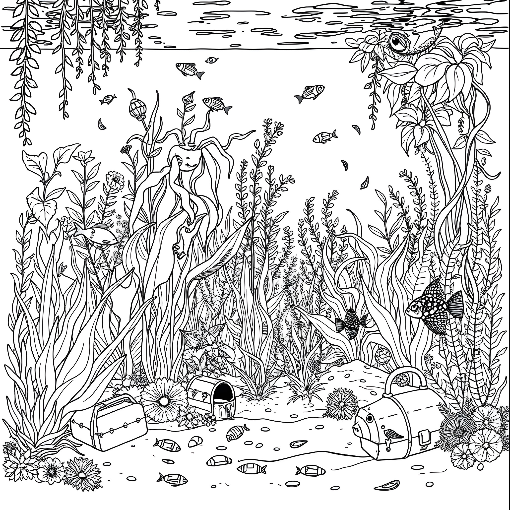 Aquarium of Underwater Flowers and Sea Creatures Coloring Page (free black-and-white line drawing printable PDF for all, from beginners to advanced learners, including children, teens, adults, and seniors)