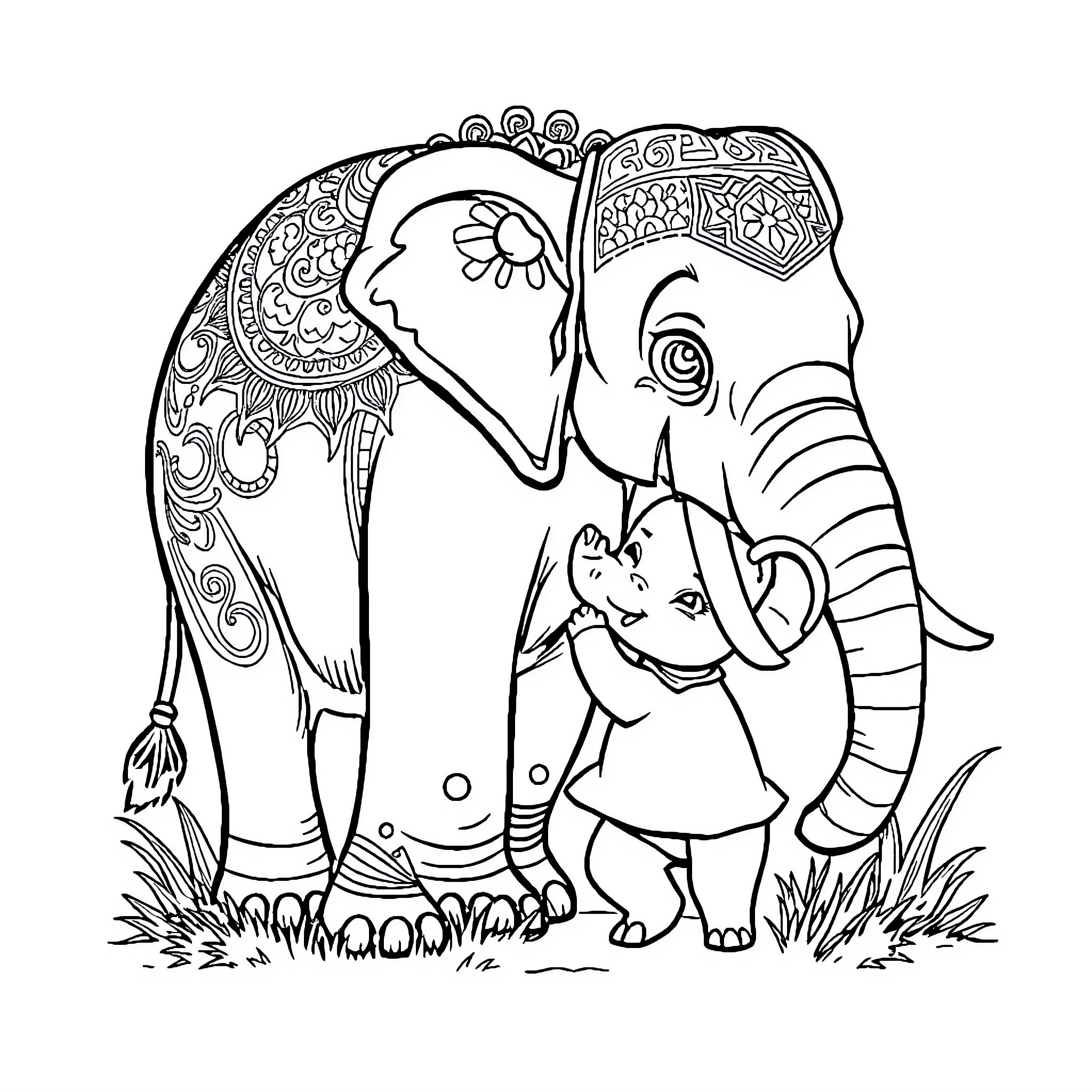 Elephant and Baby Elephant in Patterned Landscape Coloring Page (free black-and-white line drawing printable PDF for all, from beginners to advanced learners, including children, teens, adults, and seniors)