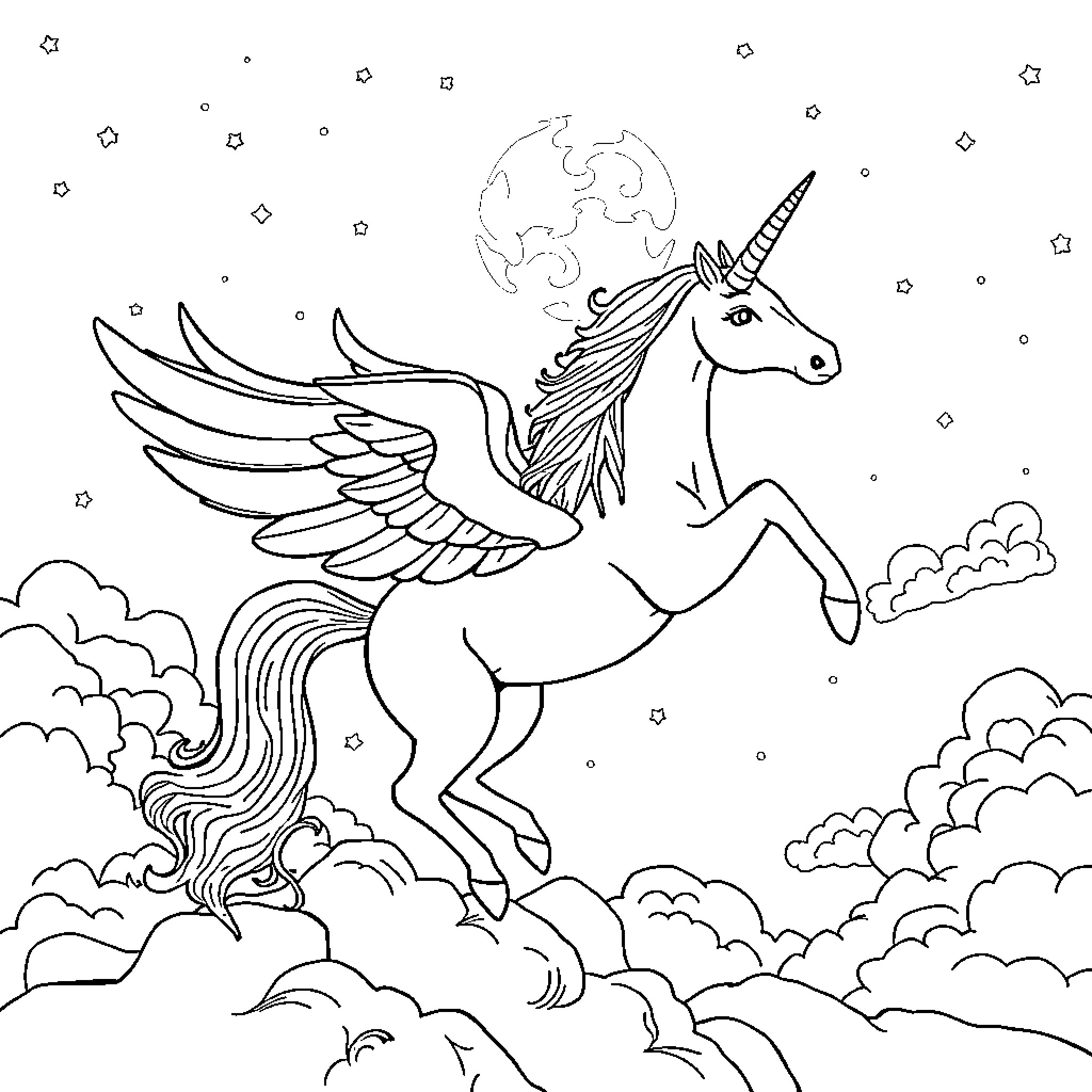 Unicorn soaring through the starry night sky Coloring Page (free black-and-white line drawing printable PDF for all, from beginners to advanced learners, including children, teens, adults, and seniors)