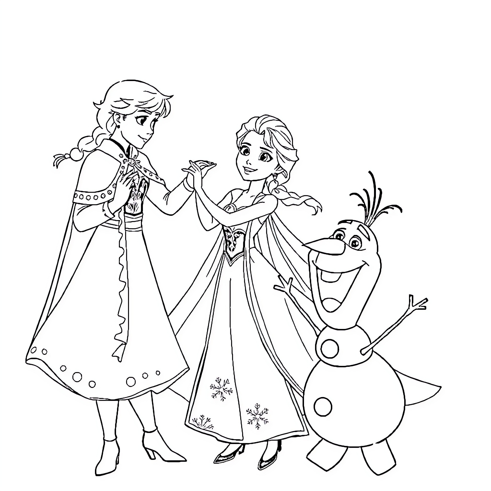 Elsa and Anna's Frozen Adventure with Olaf Coloring Page (free black-and-white line drawing printable PDF for all, from beginners to advanced learners, including children, teens, adults, and seniors)