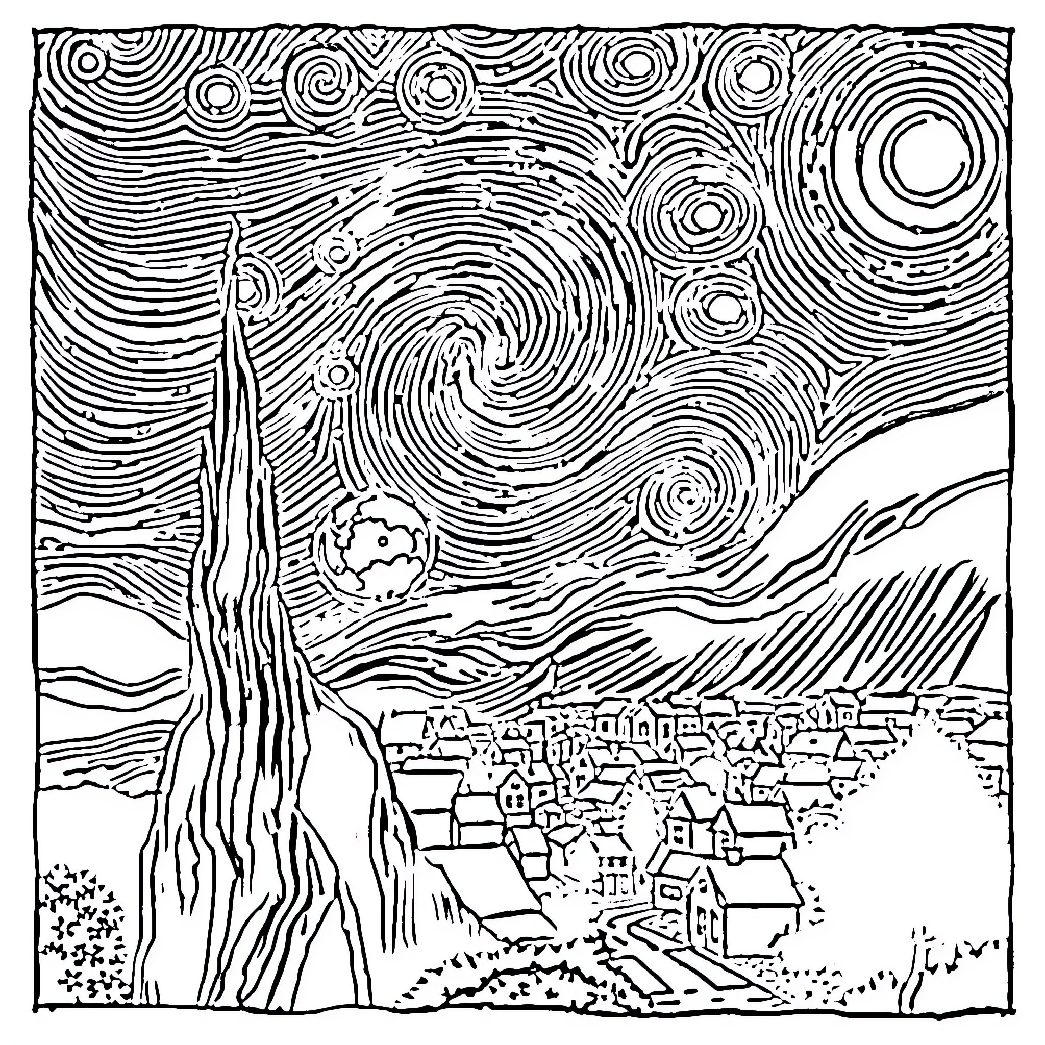 Star Night Landscape with Swirling Skies Coloring Page (free black-and-white line drawing printable PDF for all, from beginners to advanced learners, including children, teens, adults, and seniors)
