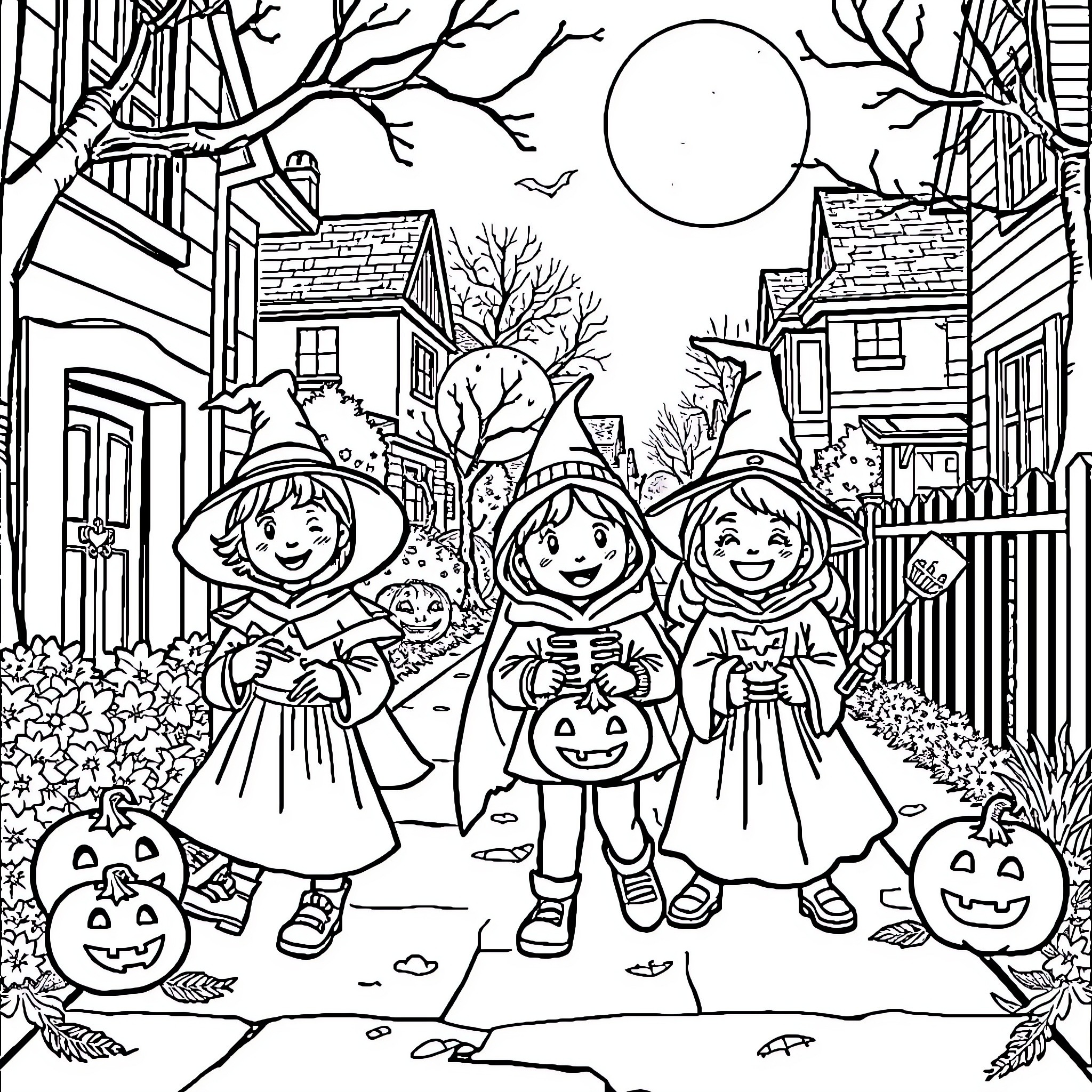 Kid Halloween fun in the neighborhood Coloring Page (free black-and-white line drawing printable PDF for all, from beginners to advanced learners, including children, teens, adults, and seniors)