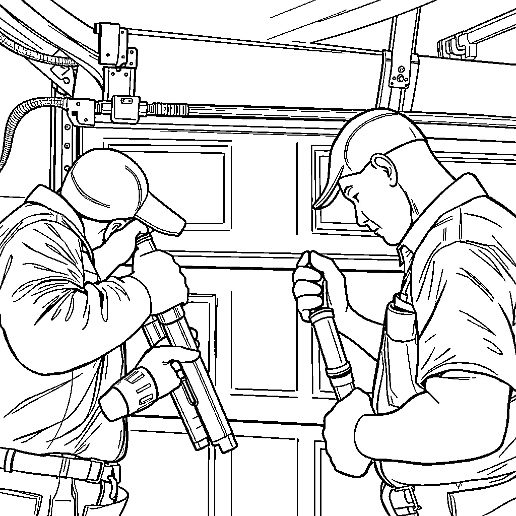 Garage Door Technicians Repairing Mechanical Issue Coloring Page (free black-and-white line drawing printable PDF for all, from beginners to advanced learners, including children, teens, adults, and seniors)