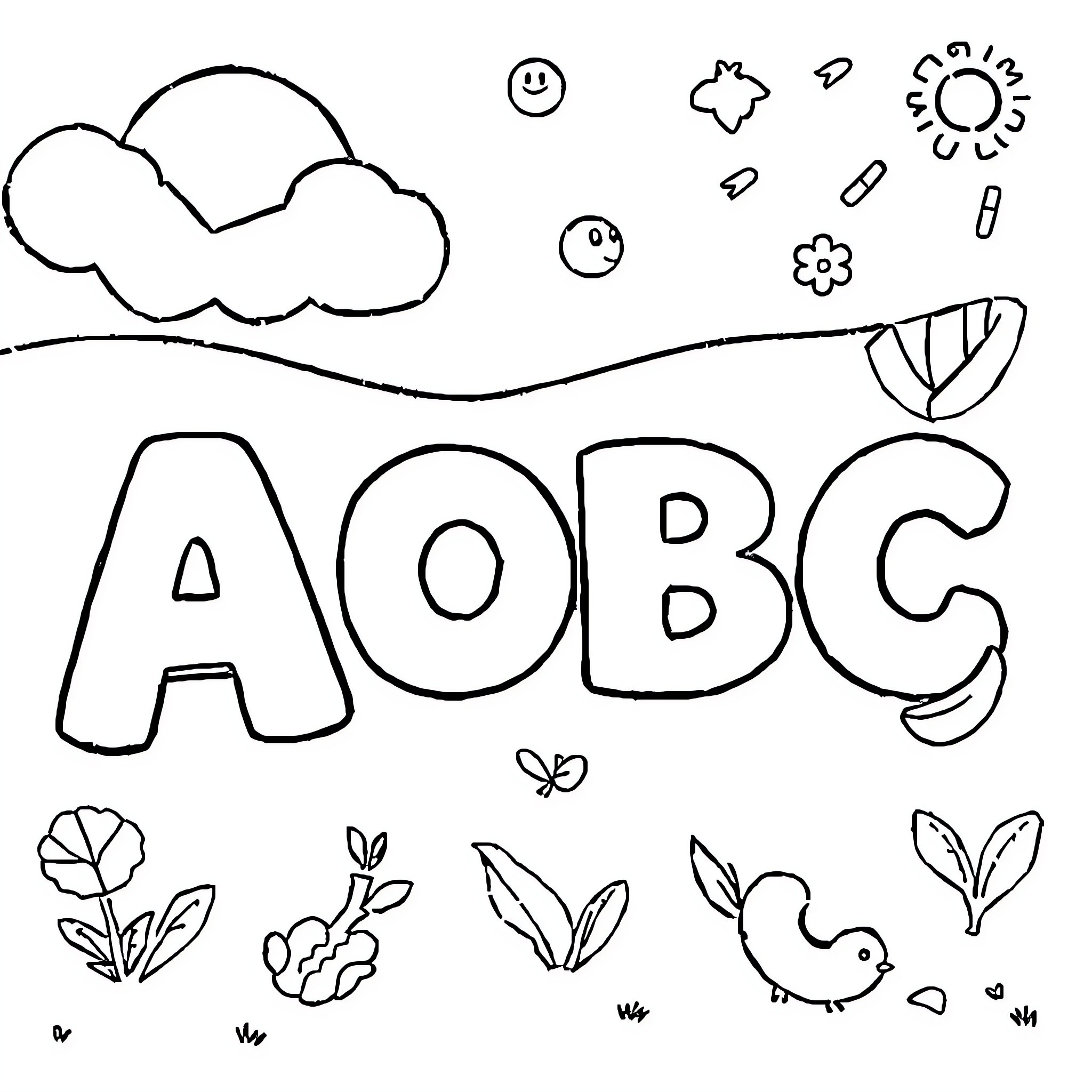 ABC Playful Shapes and Nature Elements Coloring Page (free black-and-white line drawing printable PDF for all, from beginners to advanced learners, including children, teens, adults, and seniors)