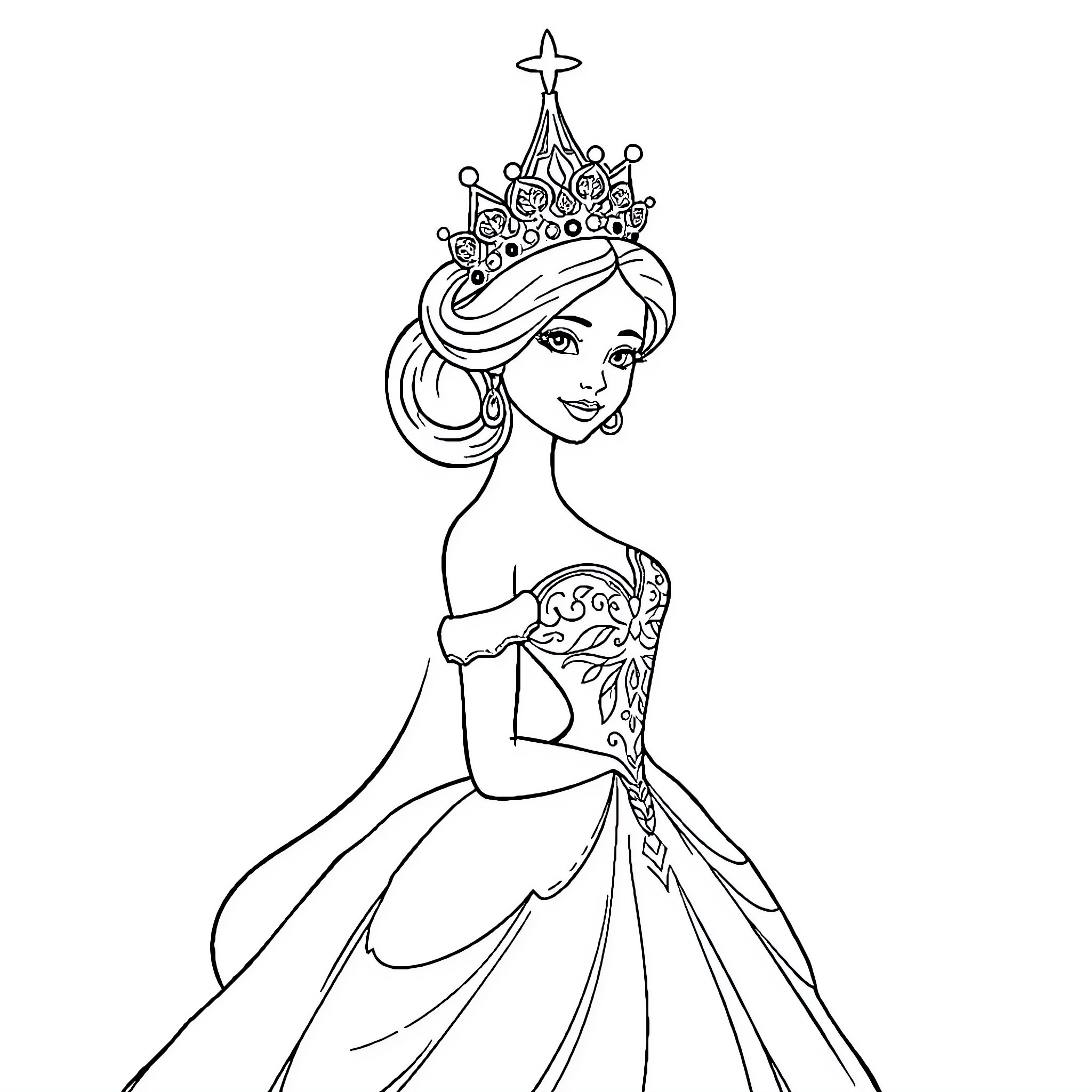 Princess in Elegant Gown and Crown Coloring Page (free black-and-white line drawing printable PDF for all, from beginners to advanced learners, including children, teens, adults, and seniors)