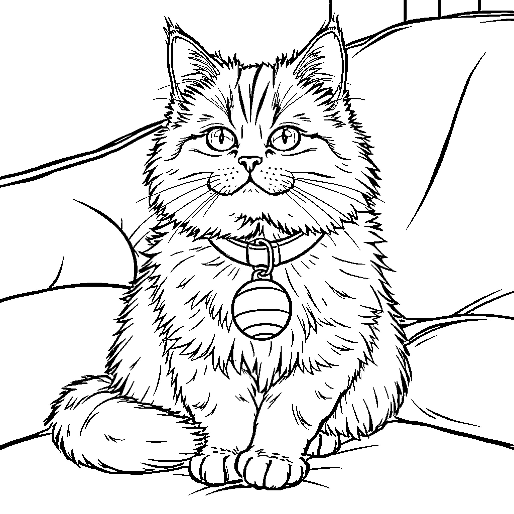 Cat with collar sitting calmly Coloring Page (free black-and-white line drawing printable PDF for all, from beginners to advanced learners, including children, teens, adults, and seniors)