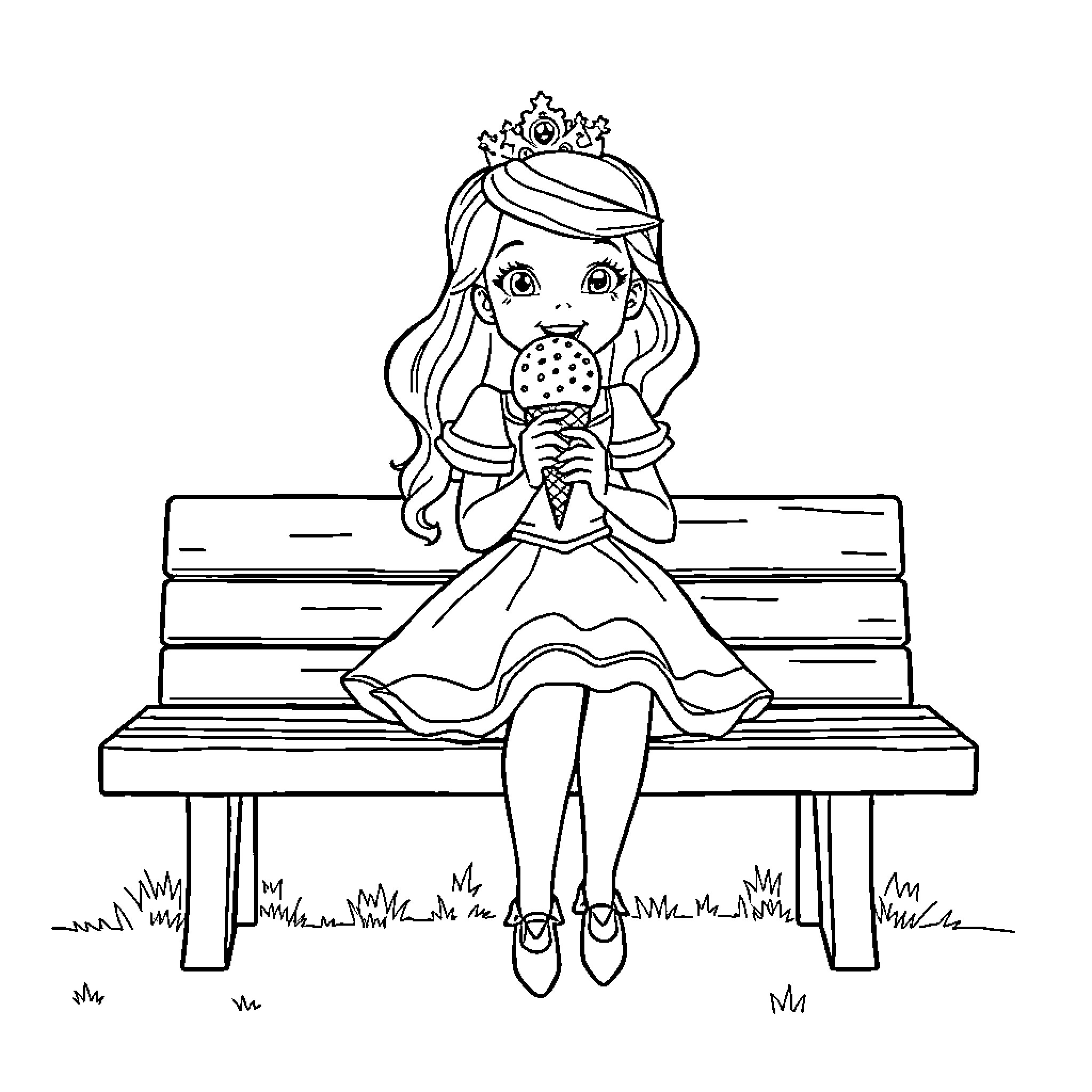 Princess enjoying an ice cream treat on a bench Coloring Page (free black-and-white line drawing printable PDF for all, from beginners to advanced learners, including children, teens, adults, and seniors)