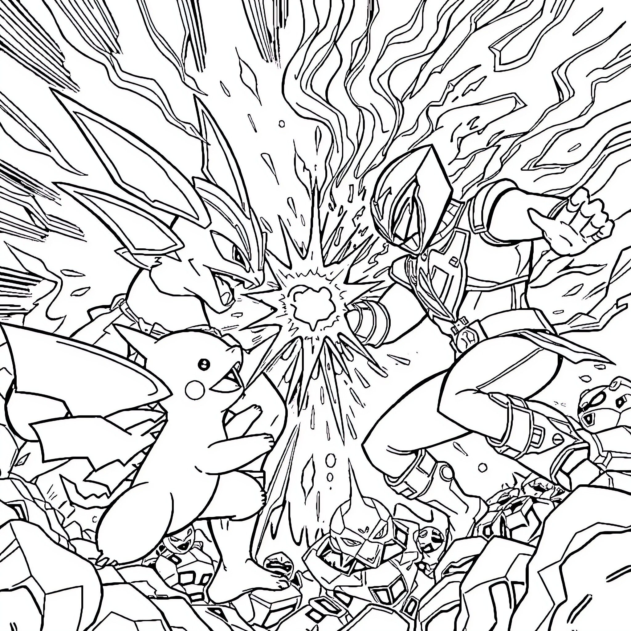 Pokémon Epic Battle Scene Coloring Page (free black-and-white line drawing printable PDF for all, from beginners to advanced learners, including children, teens, adults, and seniors)