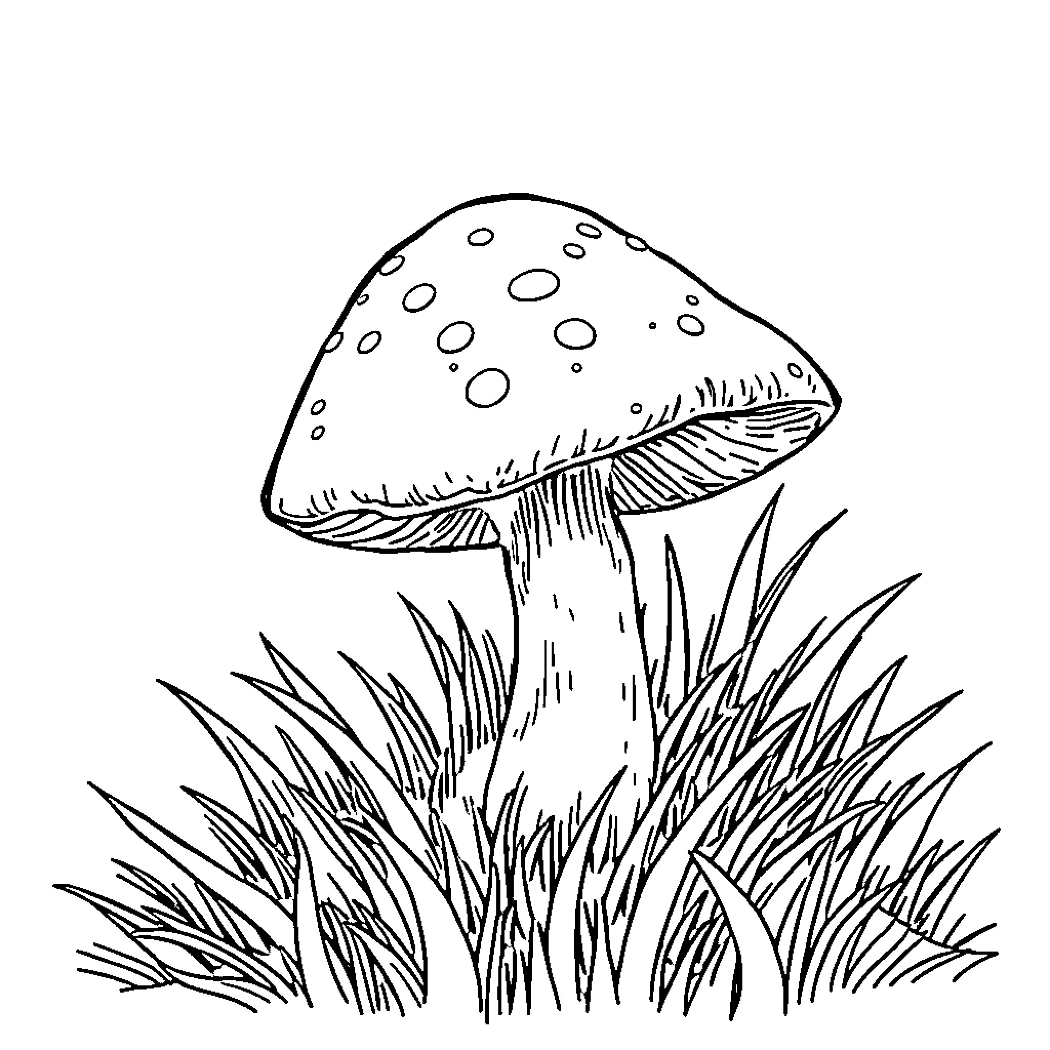 Mushroom growing in the grass Coloring Page (free black-and-white line drawing printable PDF for all, from beginners to advanced learners, including children, teens, adults, and seniors)