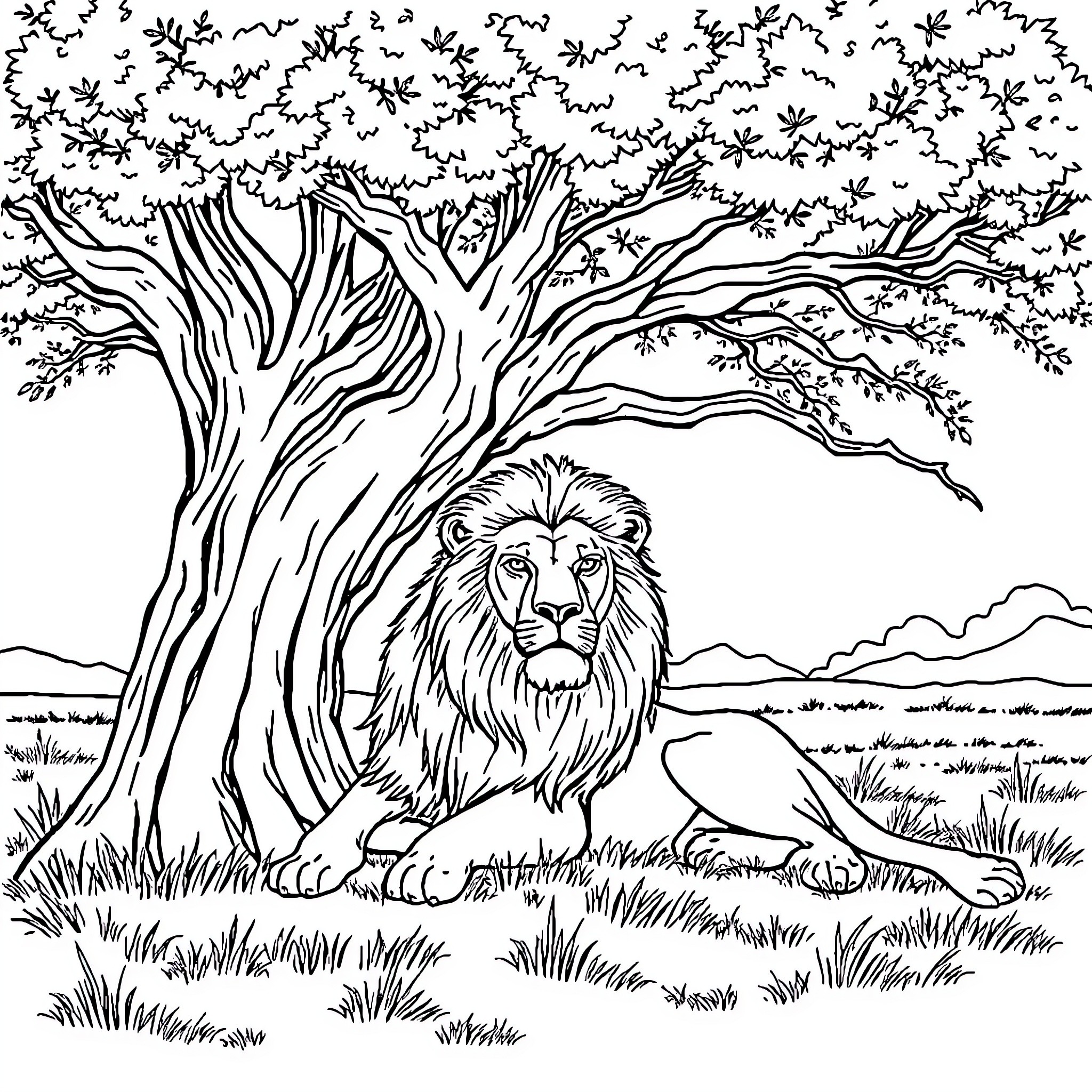 Lion resting under a large, leafy tree Coloring Page (free black-and-white line drawing printable PDF for all, from beginners to advanced learners, including children, teens, adults, and seniors)