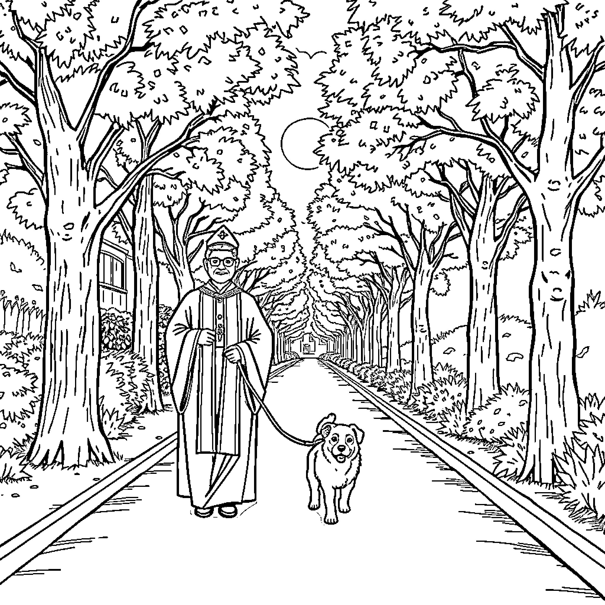 Bishop Walking Through Forest Path with Dog Coloring Page (free black-and-white line drawing printable PDF for all, from beginners to advanced learners, including children, teens, adults, and seniors)
