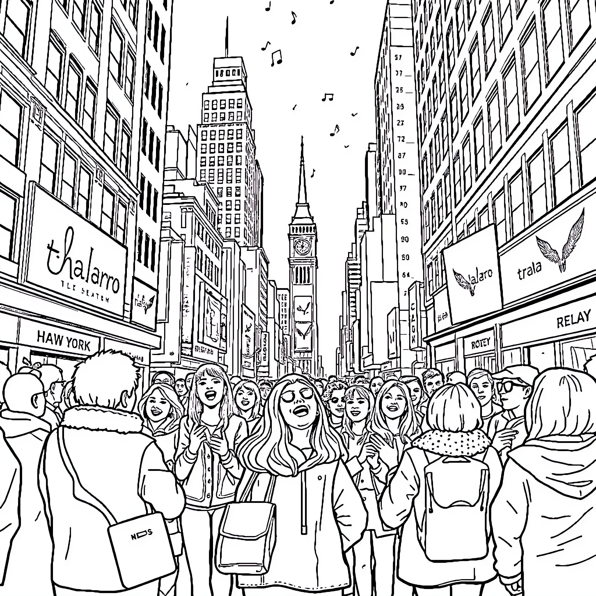 Tralalero: Lively Crowd in Bustling City Streetscape Coloring Page (free black-and-white line drawing printable PDF for all, from beginners to advanced learners, including children, teens, adults, and seniors)