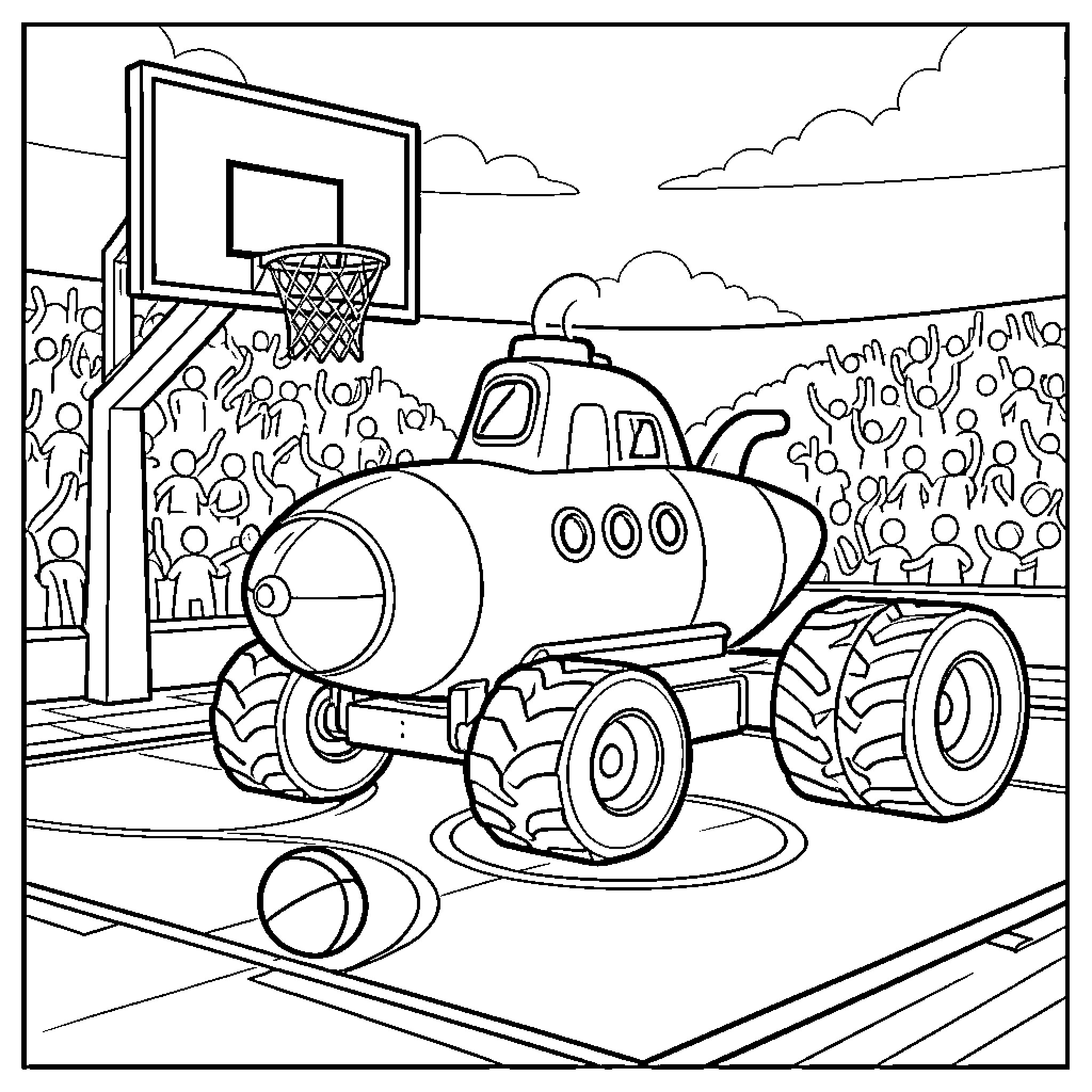 Submarine Tractor driving through a basketball court arena Coloring Page (free black-and-white line drawing printable PDF for all, from beginners to advanced learners, including children, teens, adults, and seniors)