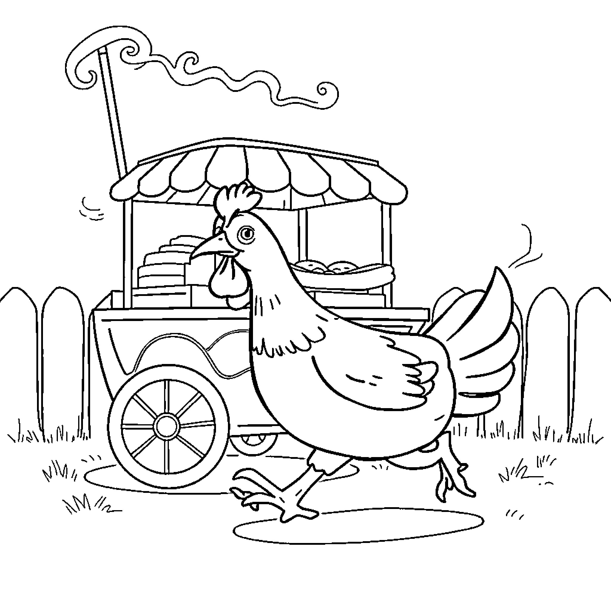 Chicken selling treats from a market stall Coloring Page (free black-and-white line drawing printable PDF for all, from beginners to advanced learners, including children, teens, adults, and seniors)