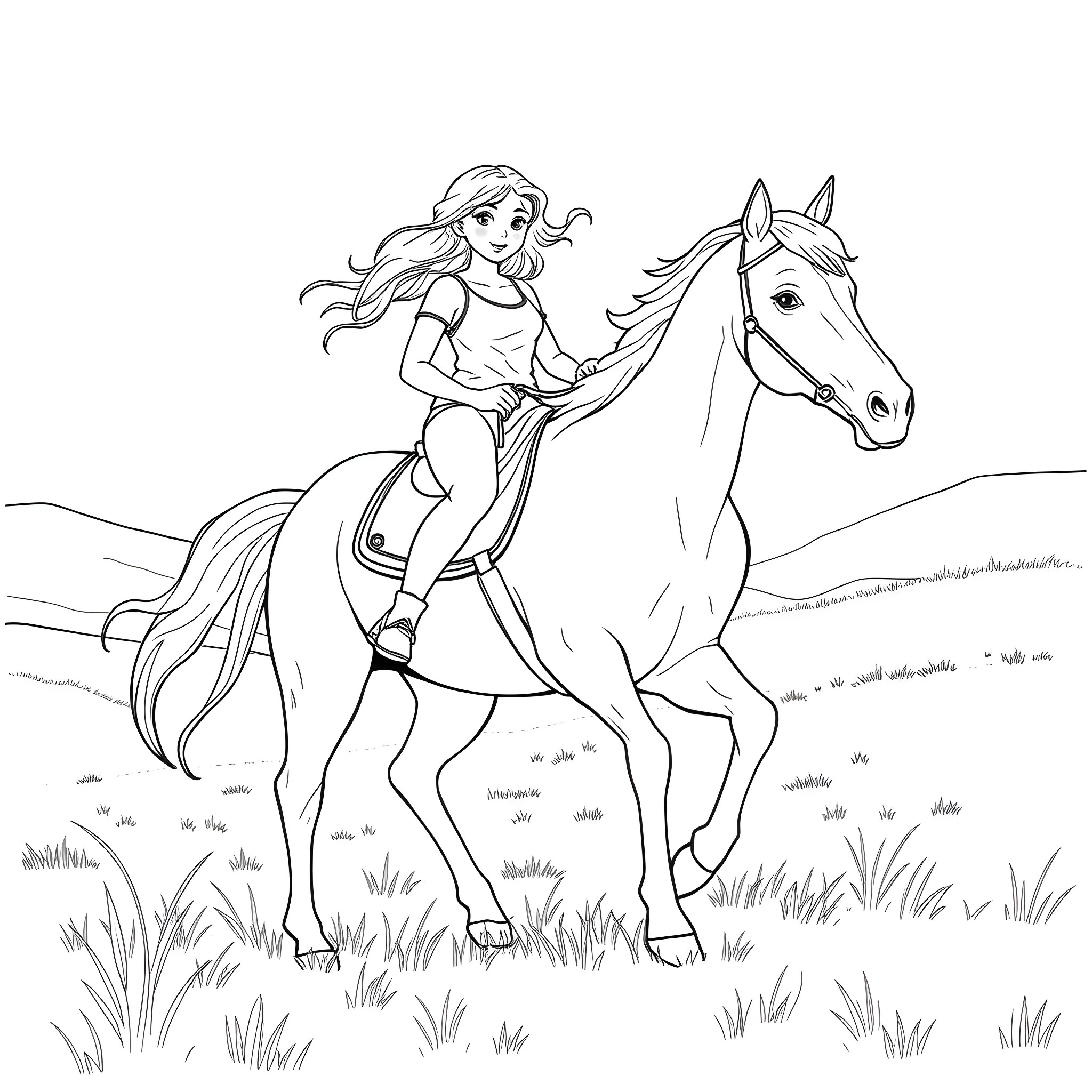 Teen Girl Riding a Majestic Horse in the Meadow Coloring Page (free black-and-white line drawing printable PDF for all, from beginners to advanced learners, including children, teens, adults, and seniors)