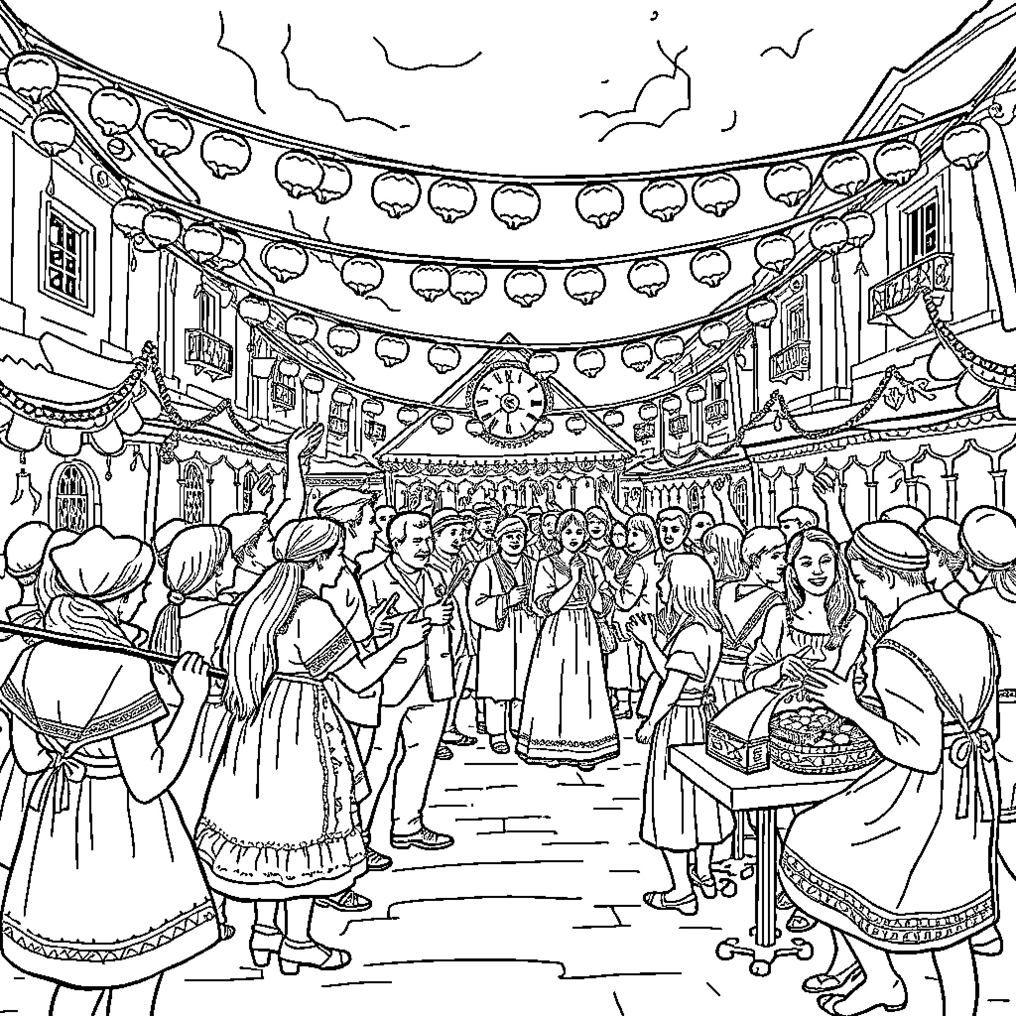 Volksfest with Festive Costumes and Celebrations Coloring Page (free black-and-white line drawing printable PDF for all, from beginners to advanced learners, including children, teens, adults, and seniors)