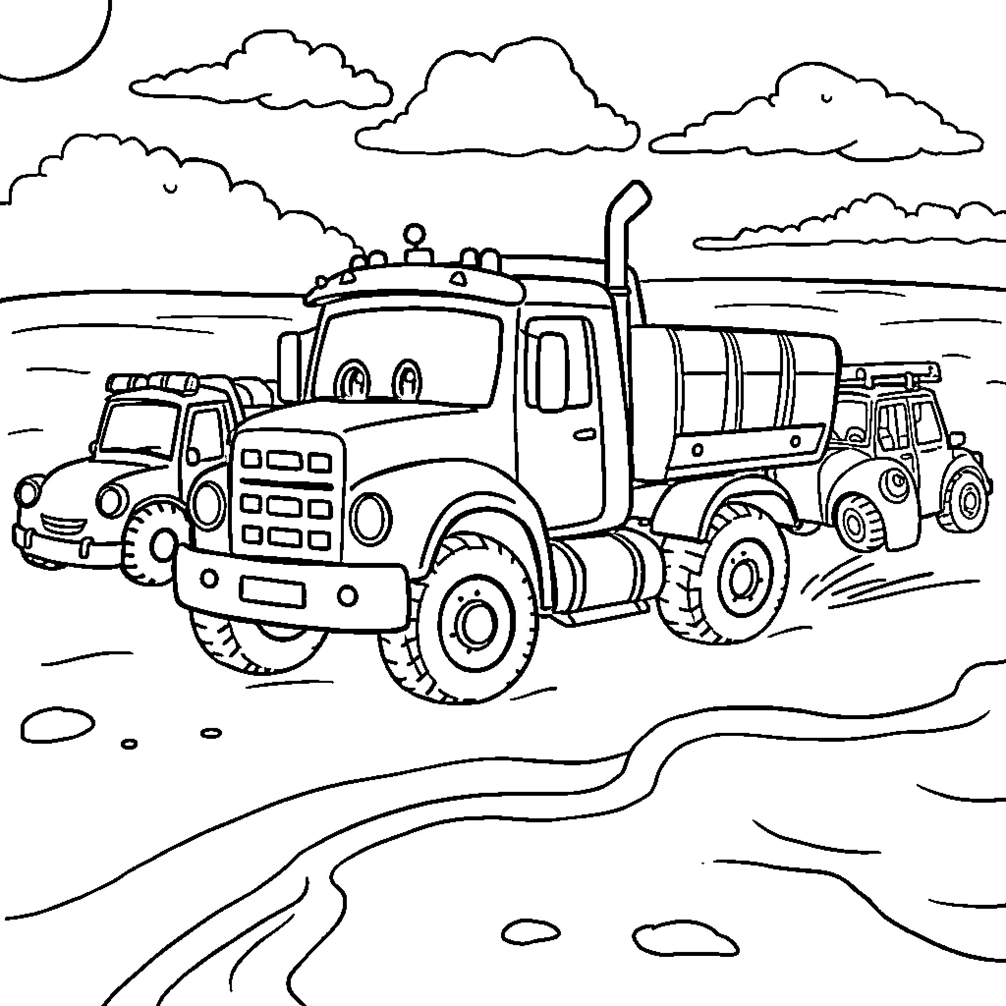 Truck hauling construction equipment on rural road Coloring Page (free black-and-white line drawing printable PDF for all, from beginners to advanced learners, including children, teens, adults, and seniors)
