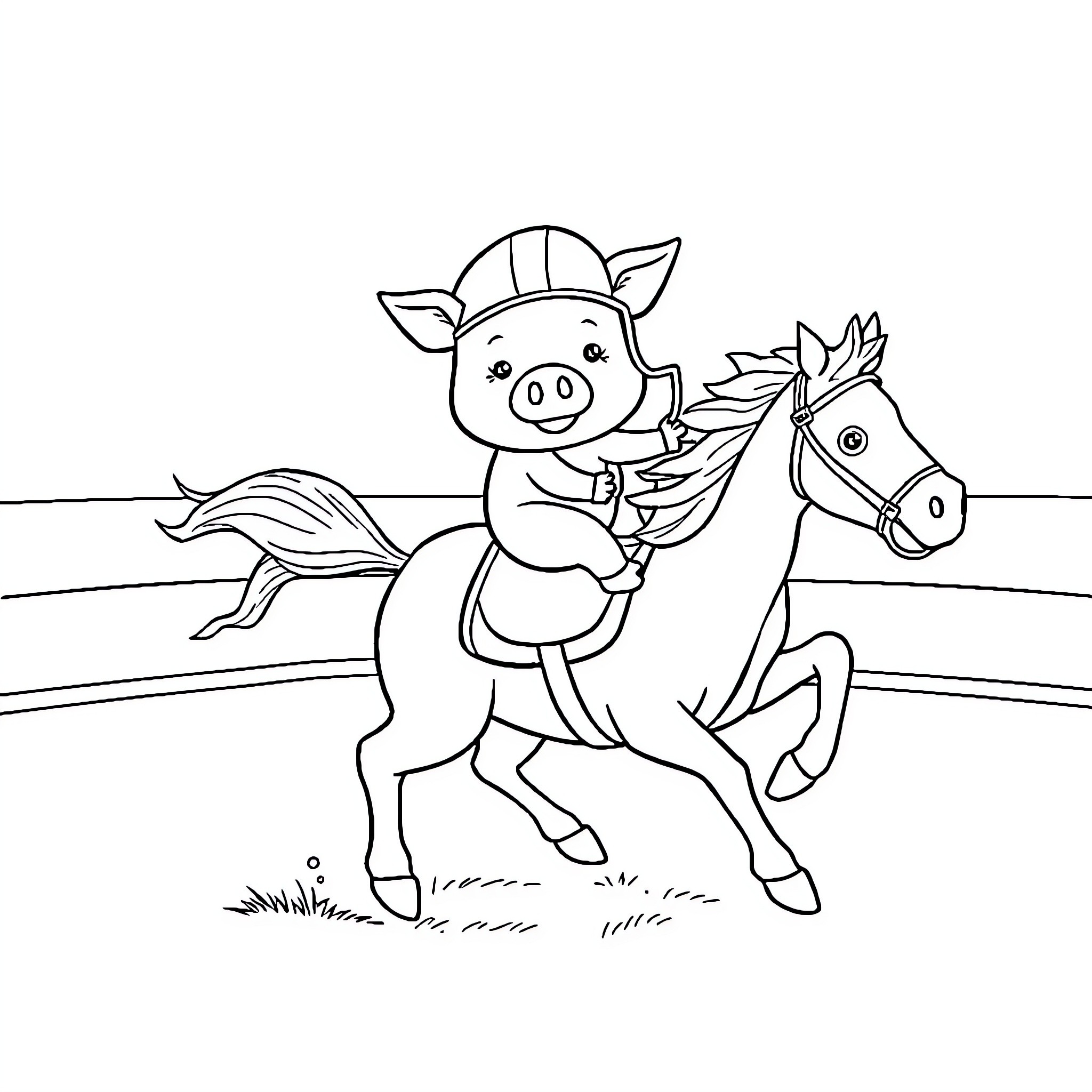 Pig riding a horse on a farm Coloring Page (free black-and-white line drawing printable PDF for all, from beginners to advanced learners, including children, teens, adults, and seniors)