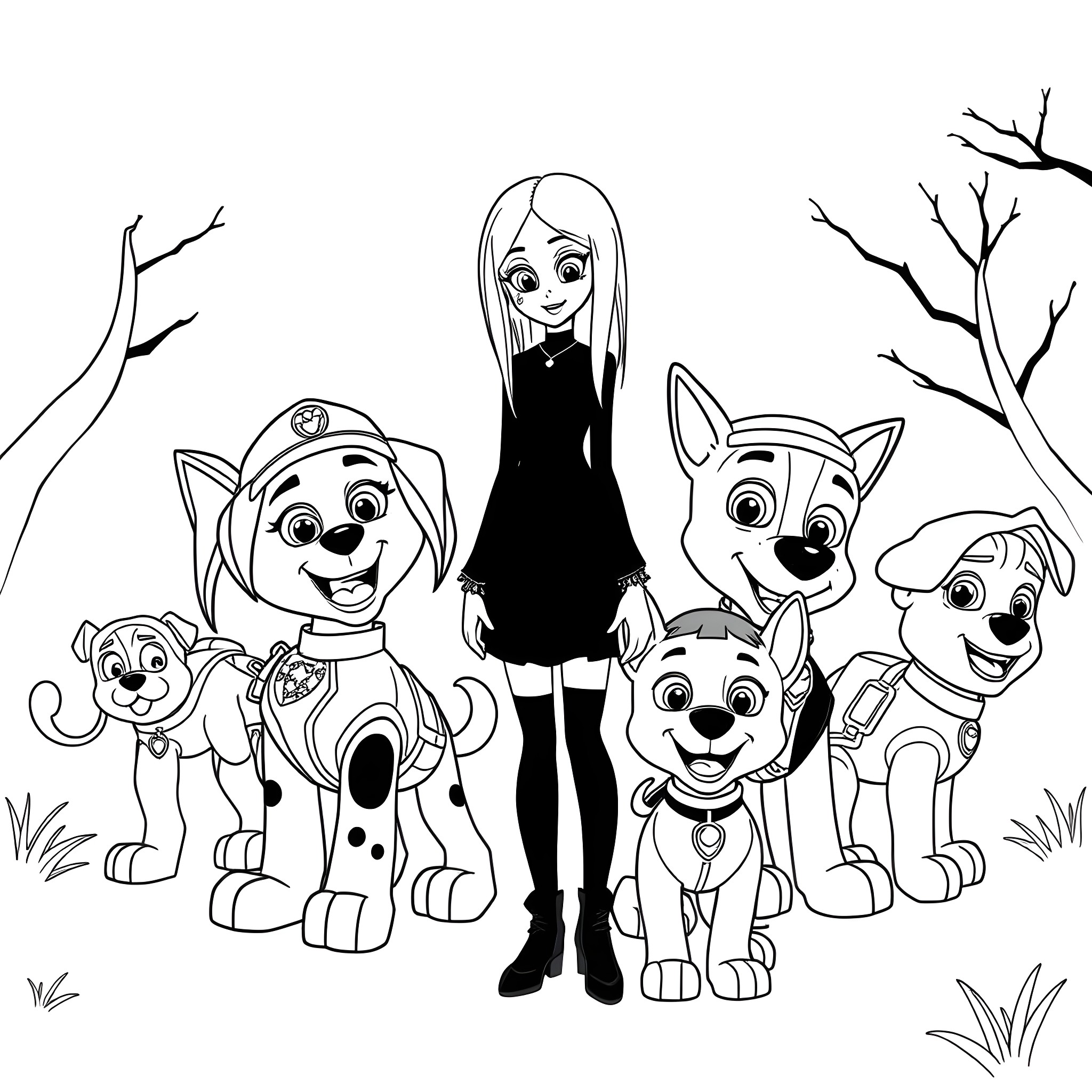 Wednesday Addams and her puppy friends in the woods Coloring Page (free black-and-white line drawing printable PDF for all, from beginners to advanced learners, including children, teens, adults, and seniors)