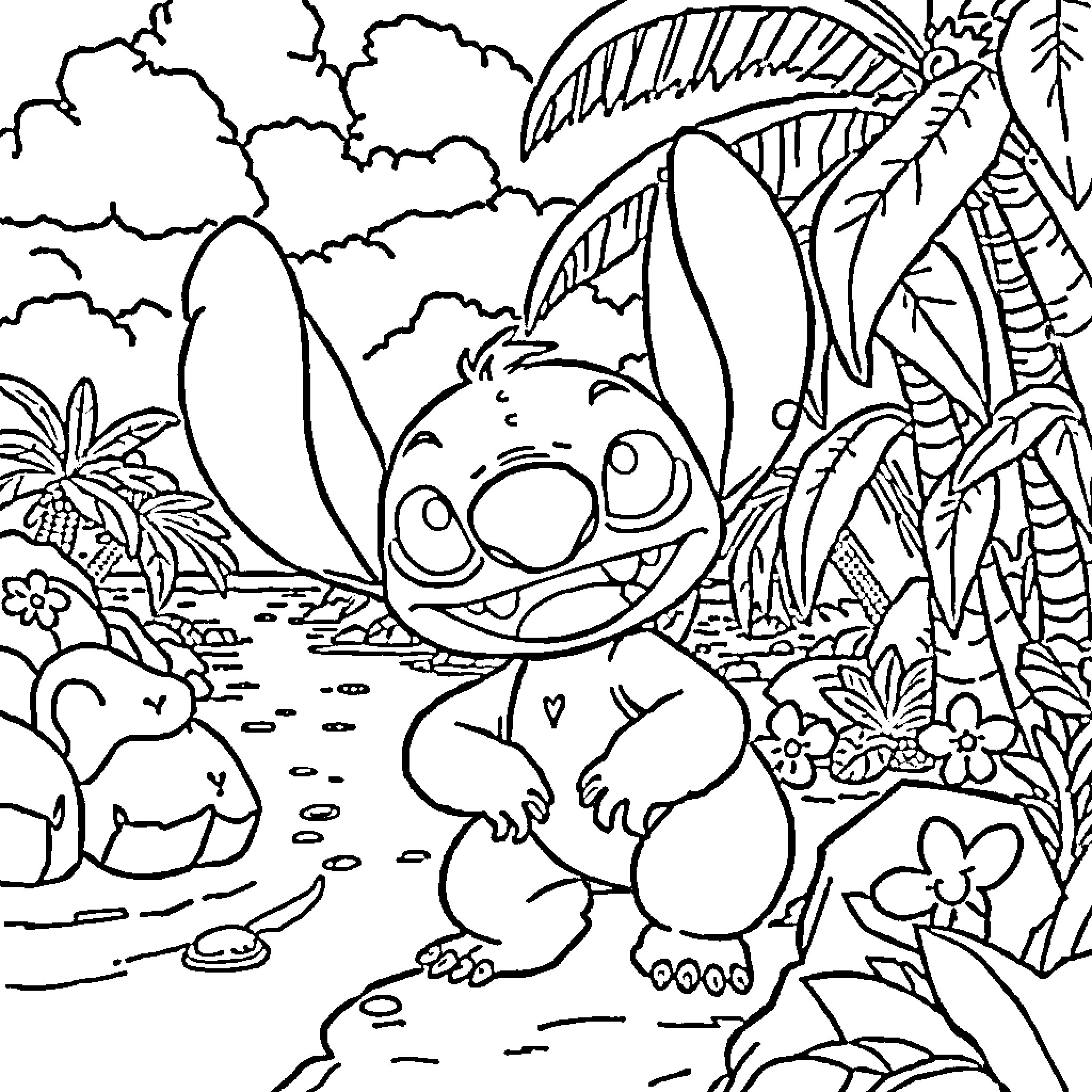 Stitch enjoying nature's wonders in the jungle Coloring Page (free black-and-white line drawing printable PDF for all, from beginners to advanced learners, including children, teens, adults, and seniors)