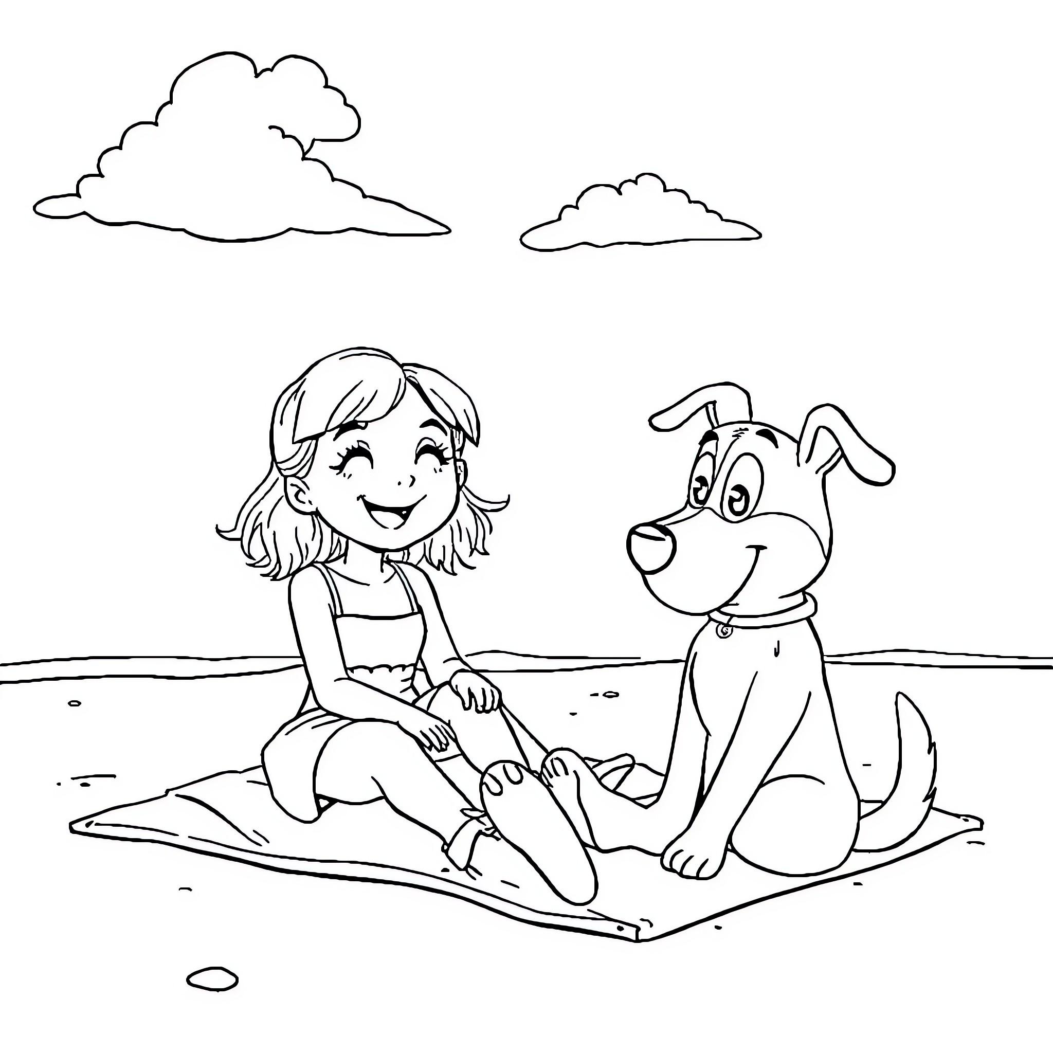 Gabby and her dog play happily outdoors Coloring Page (free black-and-white line drawing printable PDF for all, from beginners to advanced learners, including children, teens, adults, and seniors)