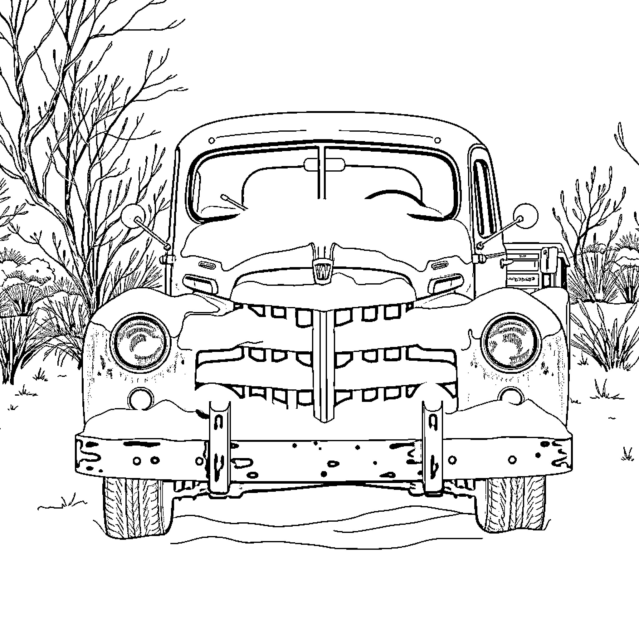 Willys Pickup in a rural landscape Coloring Page (free black-and-white line drawing printable PDF for all, from beginners to advanced learners, including children, teens, adults, and seniors)